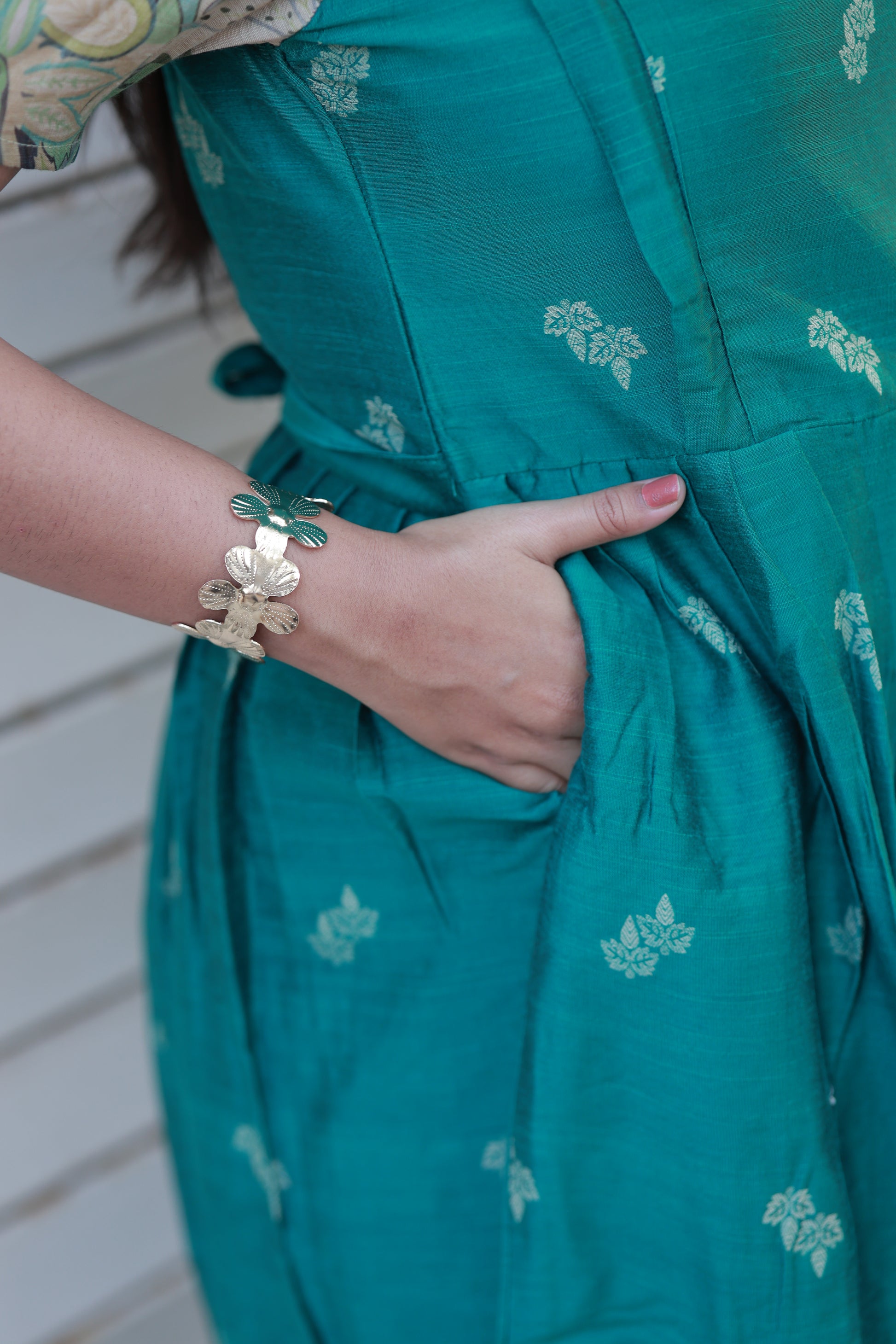 Neemai Emerald Green Silk Maternity Maxi Dress with Side Pocket, bump friendly pregnancy gown for functions,plus size ethnic wear