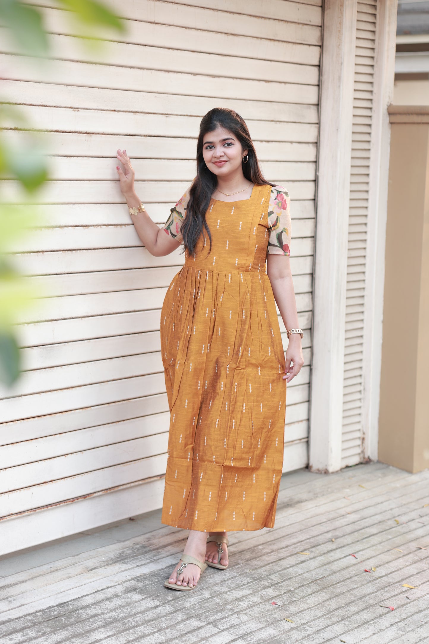 Neemai Gold Silk Maternity Maxi Dress with Floral Sleeves, Feeding Friendly function outfit, Plus Size Maternity Wear India