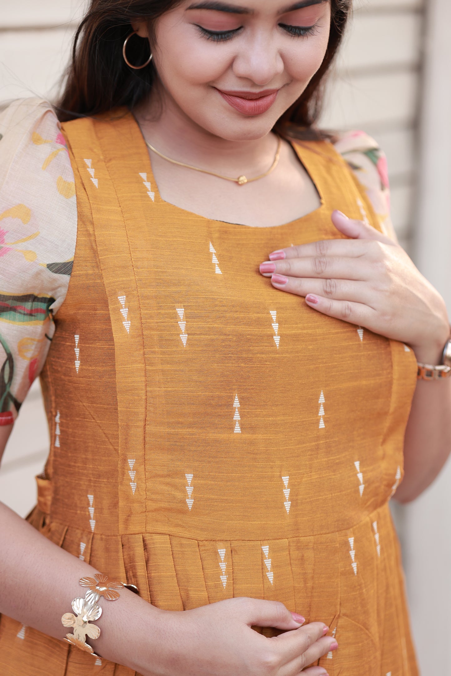 Neemai Gold Silk Feeding Friendly Maxi Dress for Pregnancy and Postpartum Wear, Elegant Maternity Ethnic Outfit, plus size nursing wear