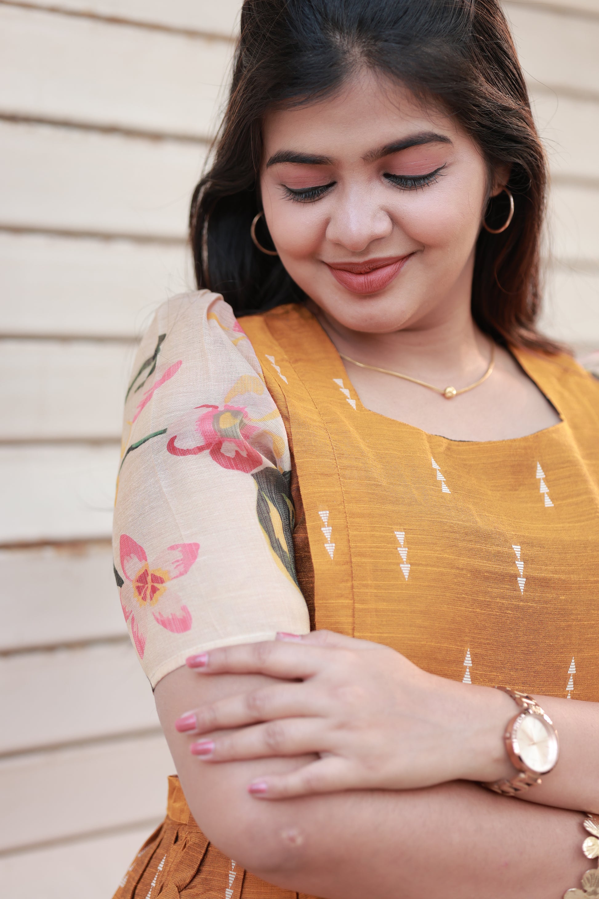 Neemai Mustard Silk Maternity Maxi Dress with Floral Sleeve Design, summer Friendly Ethnic Wear for Pregnancy and Nursing Moms, 