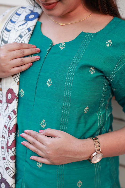 Neemai Teal Green Maternity Kurti with discreet Center Zip Feeding Access, Comfortable Nursing Friendly festive Wear for Pregnancy and Postpartum Moms, Plus Size india
