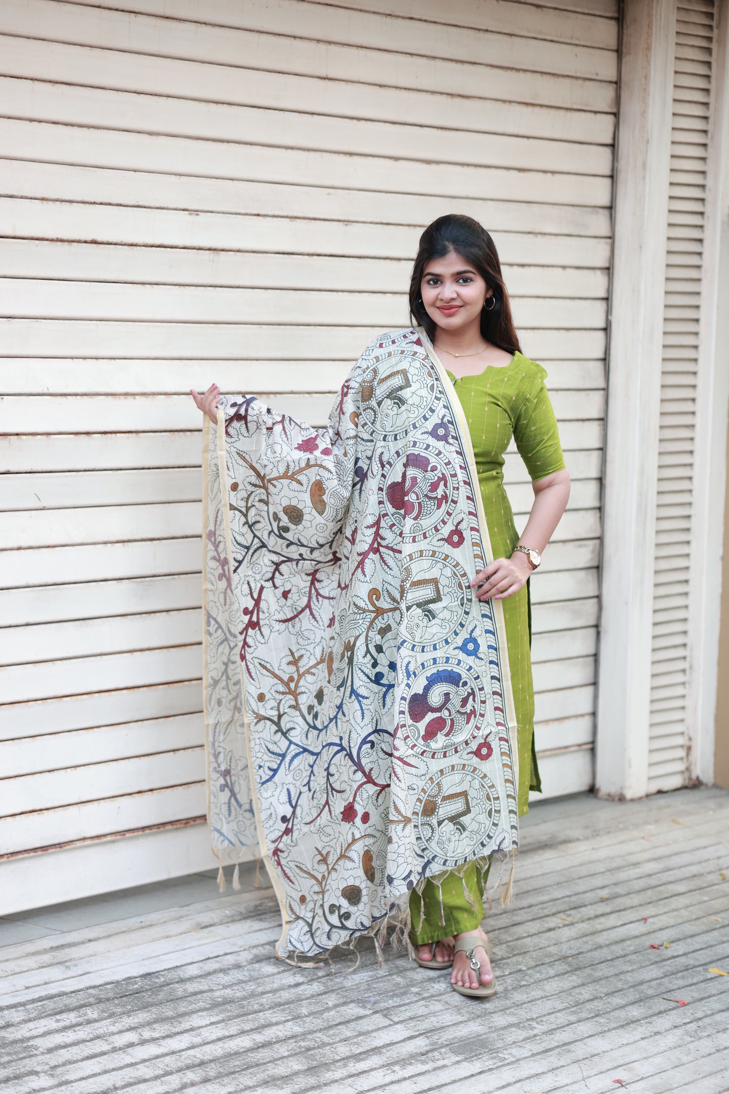 Neemai parrot Green Silk Kurti Set with Kalamkari Style Printed Dupatta, three Piece Feeding Friendly Ethnic Wear for Women, regular festive outfit