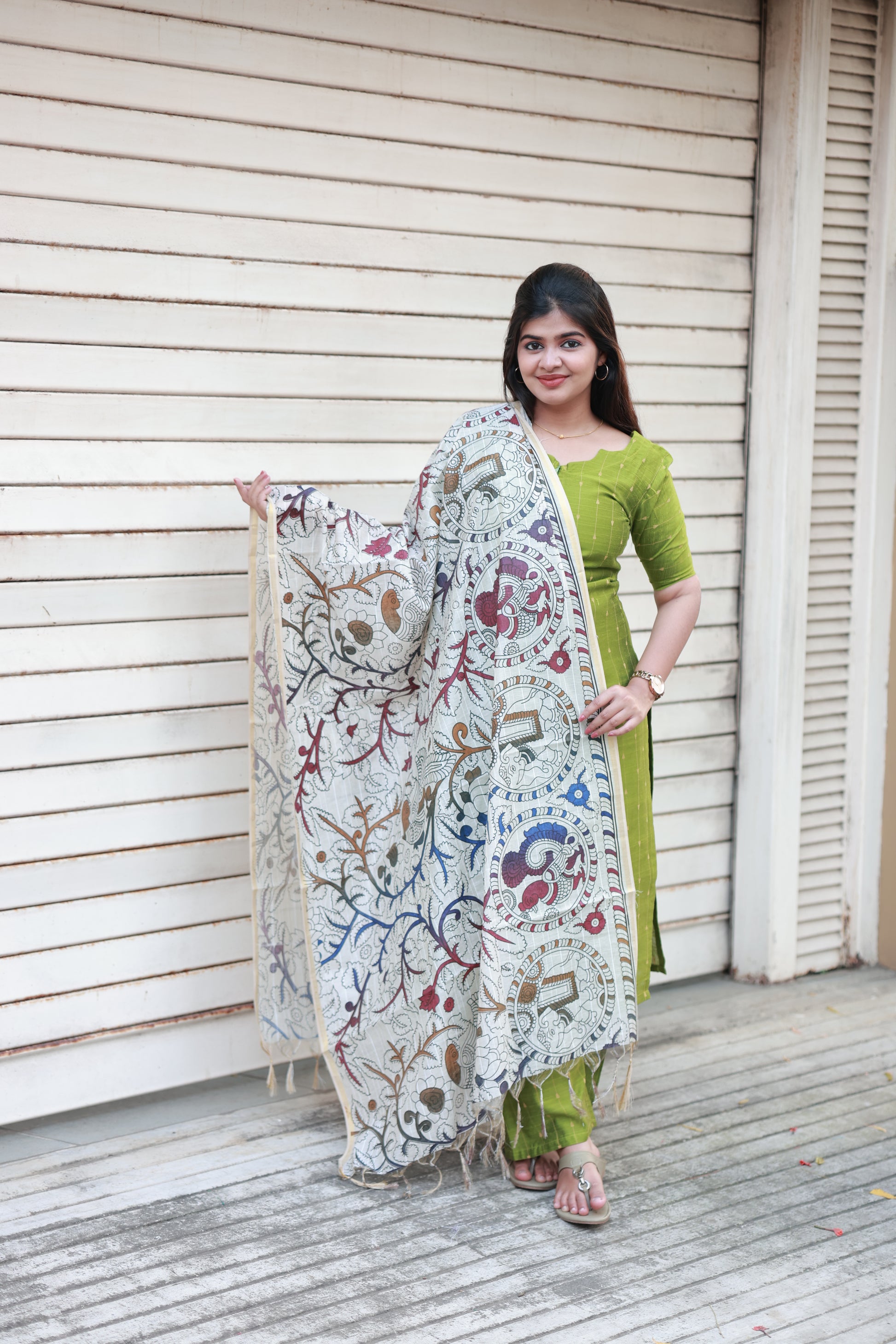 Neemai parrot Green Silk Kurti Set with Kalamkari Style Printed Dupatta, three Piece Feeding Friendly Ethnic Wear for Women, regular festive outfit