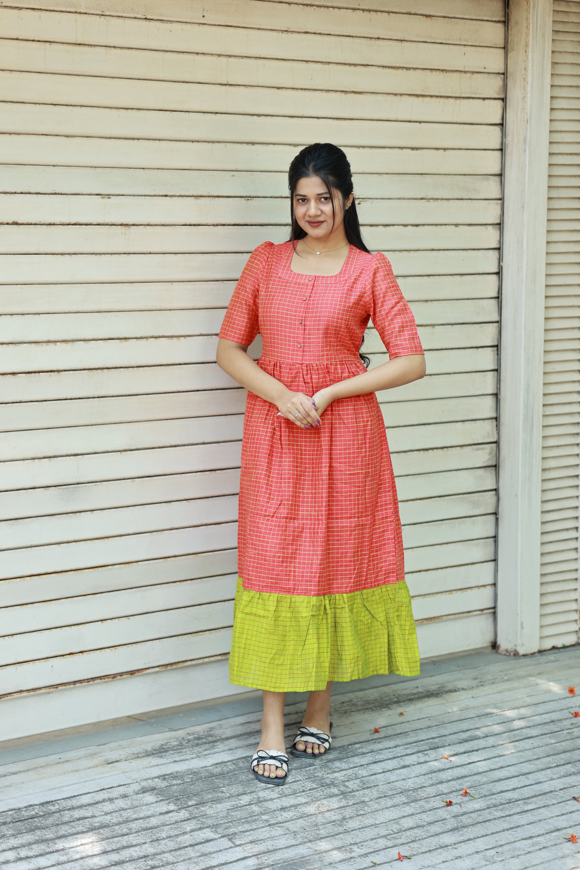 Neemai orange maternity maxi dress with contrast green hem, relaxed flowy fit, bump-friendly festive wear, lightweight summer outfit for moms-to-be, plus size festive wear 