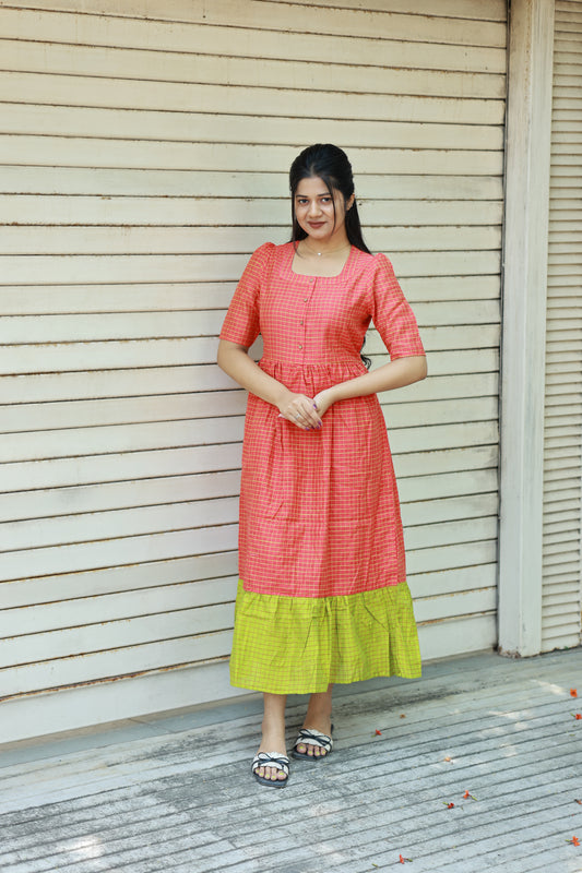 Neemai orange maternity maxi dress with contrast green hem, relaxed flowy fit, bump-friendly festive wear, lightweight summer outfit for moms-to-be, plus size festive wear 
