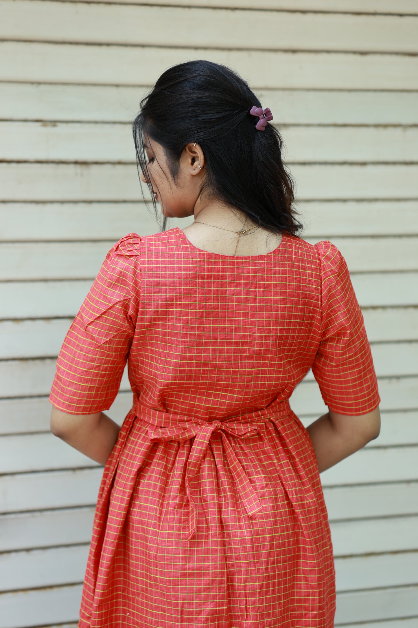 Neemai orange and green checkered maternity dress with adjustable back tie, flexible waist for growing bump, lightweight plus size friendly clothing