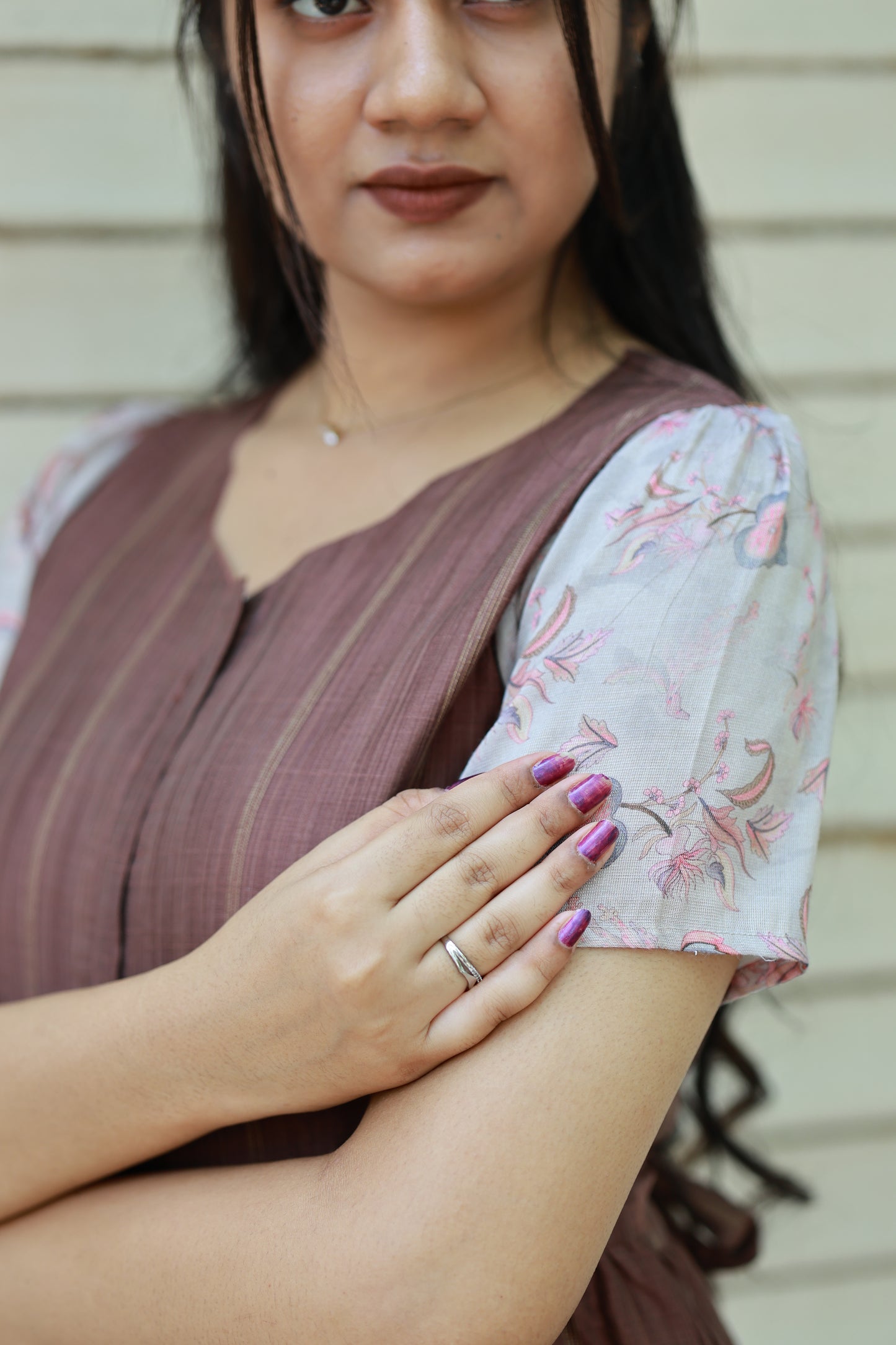 Butter slik - Center zip Normal / Maternity Midi/Gown- cotton lining - Brown