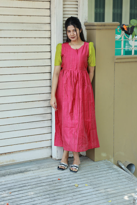 Neemai pink butter silk maternity dress with green checked puff sleeves, soft breathable fabric, summer friendly festive wear, comfortable daily wear