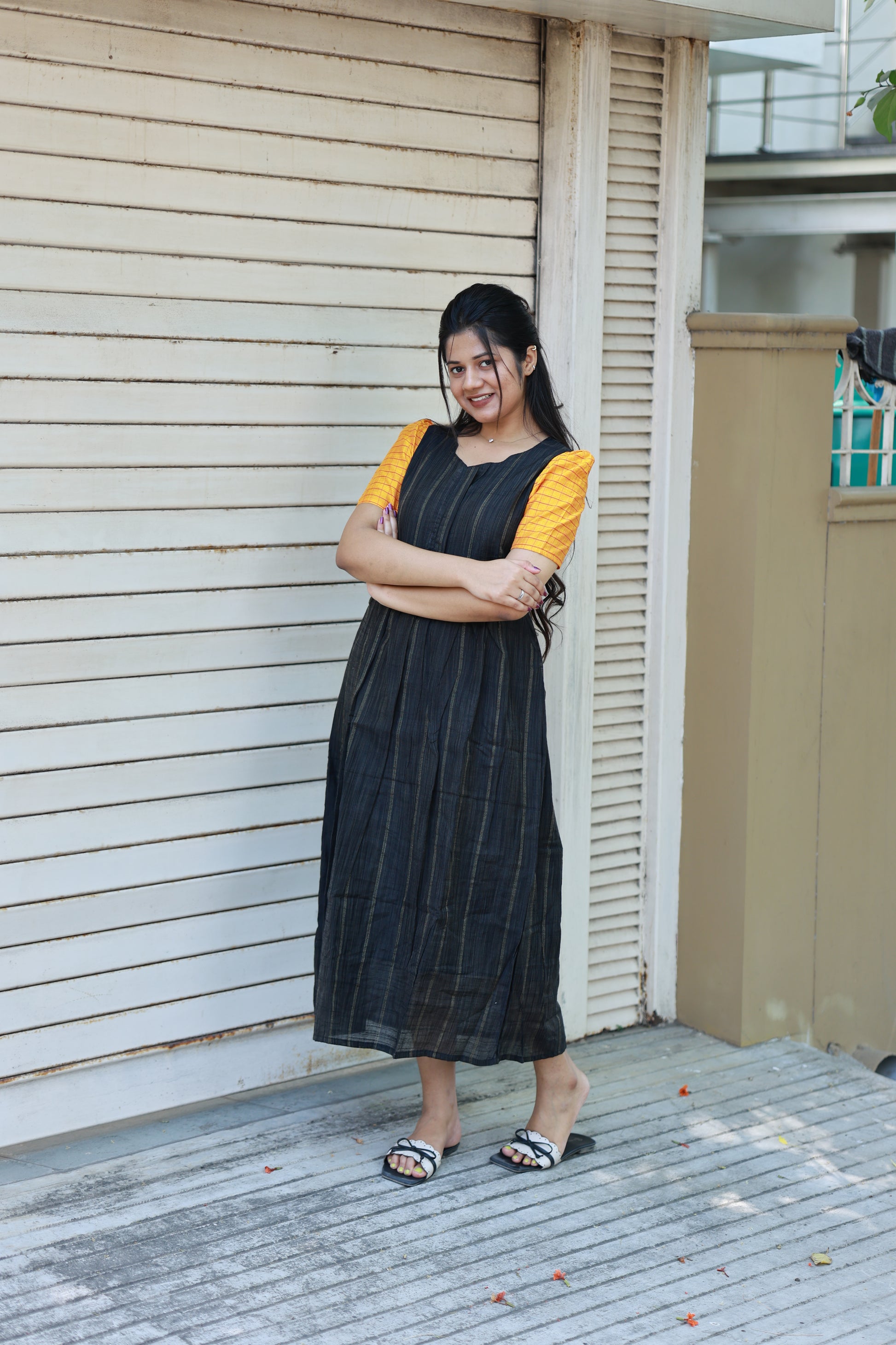 Neemai black butter silk maternity gown with yellow checked puff sleeves, feeding zip model, soft breathable weightless fabric, comfortable daily wear, plus size collection 