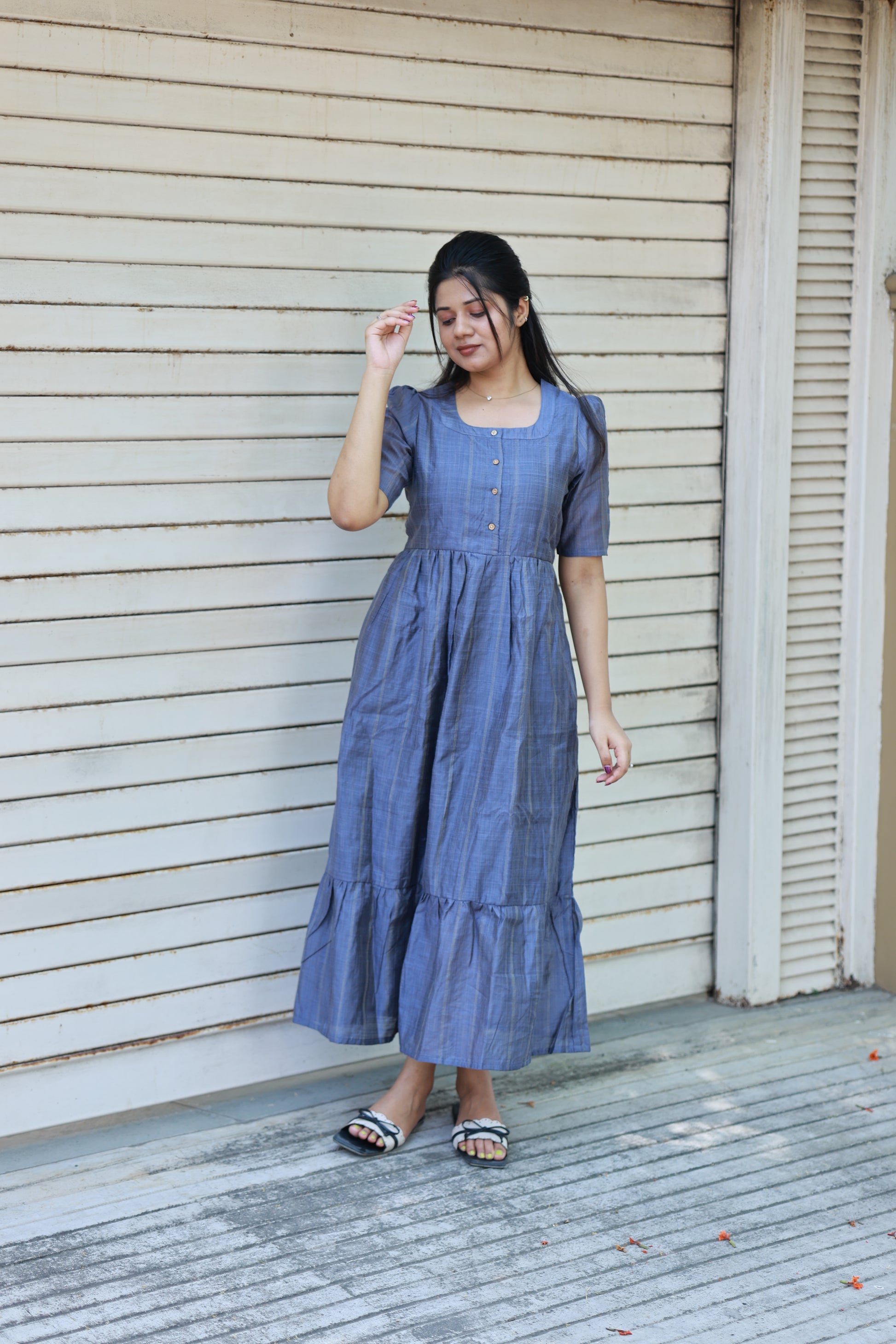 Neemai steel blue butter silk maternity maxi gown with flowy silhouette, casual elegant summer friendly wear, plus size friendly 