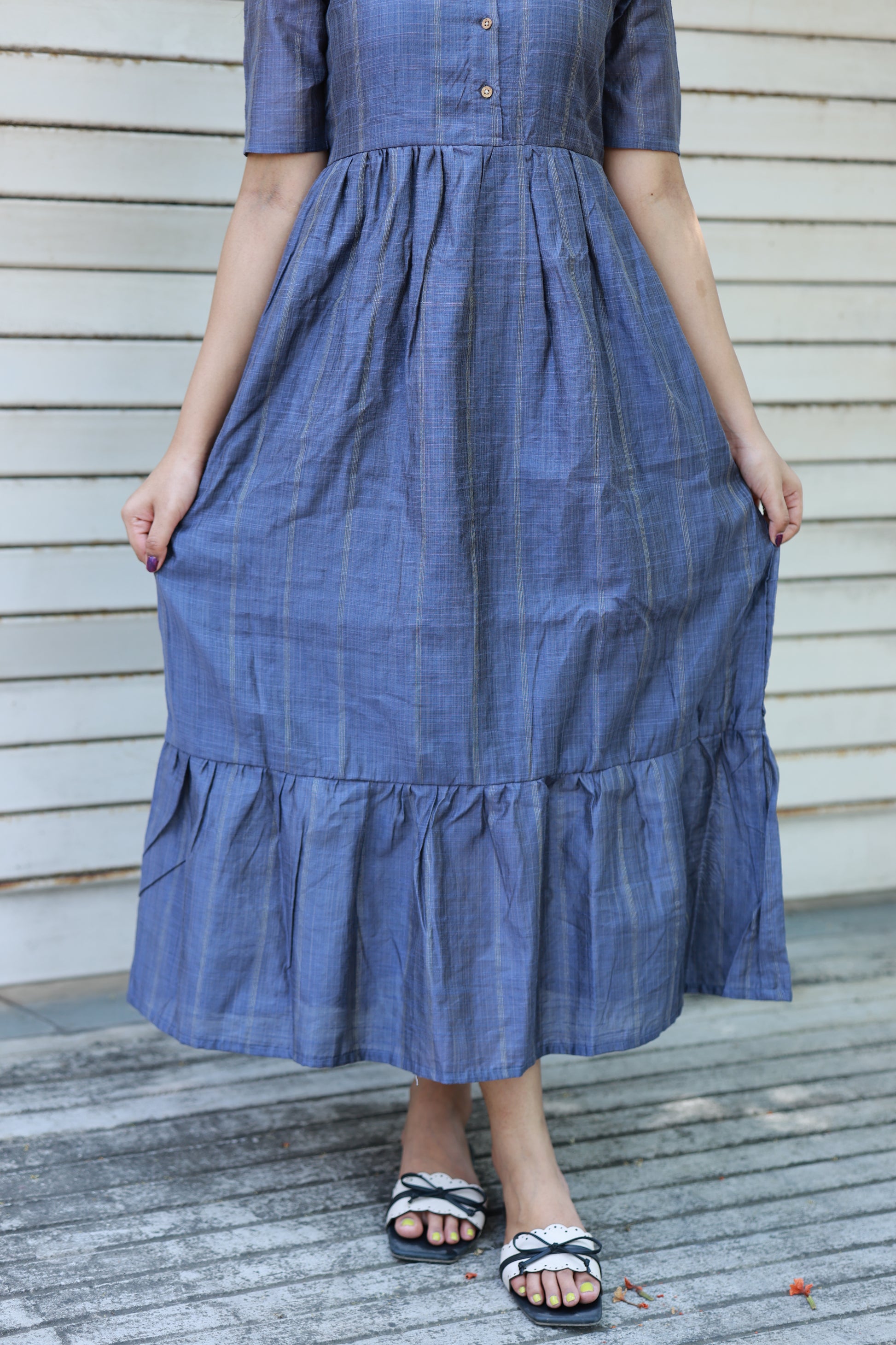 Neemai blue butter silk maternity maxi gown, soft lightweight breathable fabric, bump-friendly festive wear