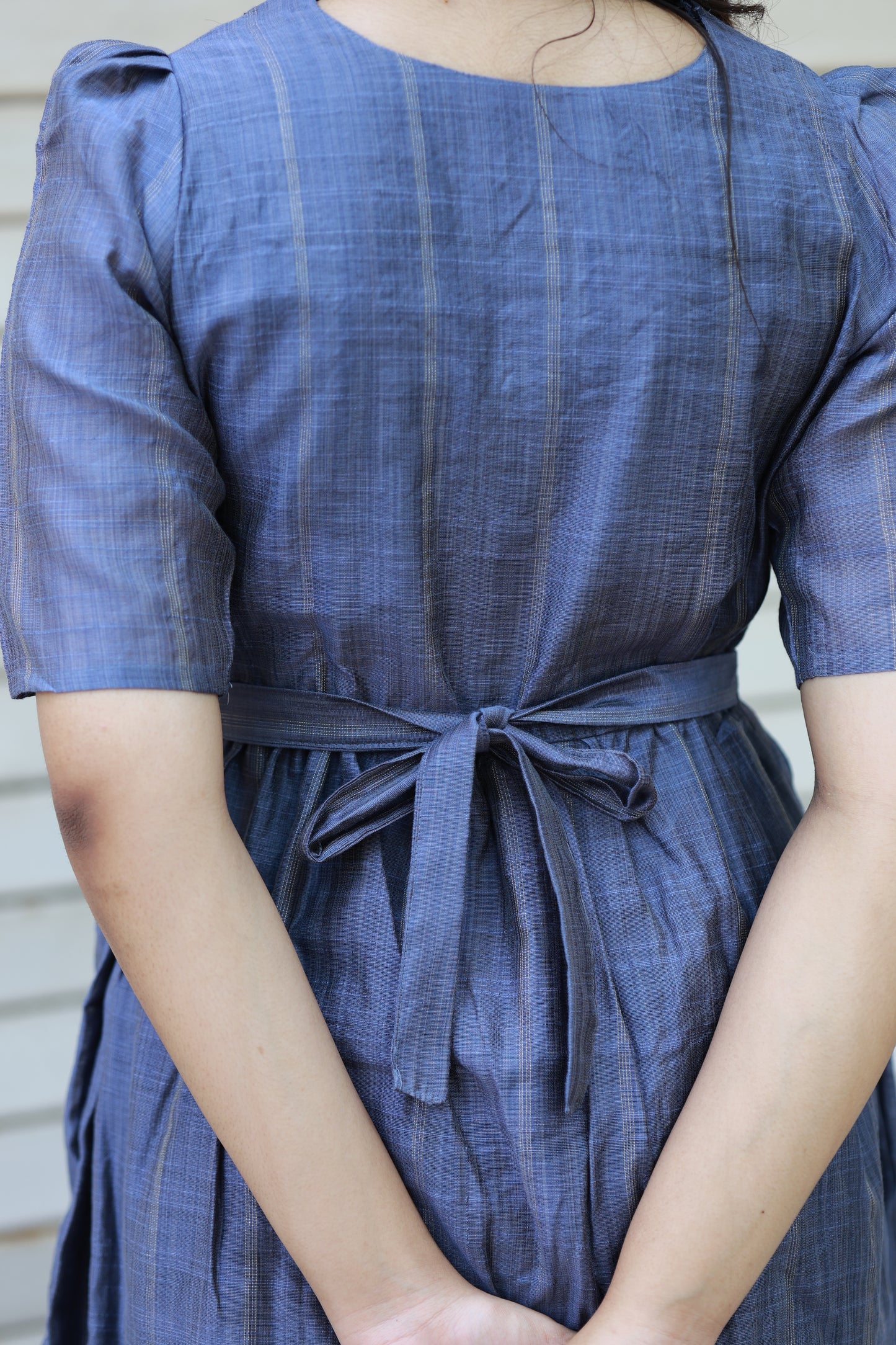 Neemai blue butter silk maternity dress with adjustable back knot, flexible waist fit, soft smooth fabric for summer, plus size pregnancy friendly