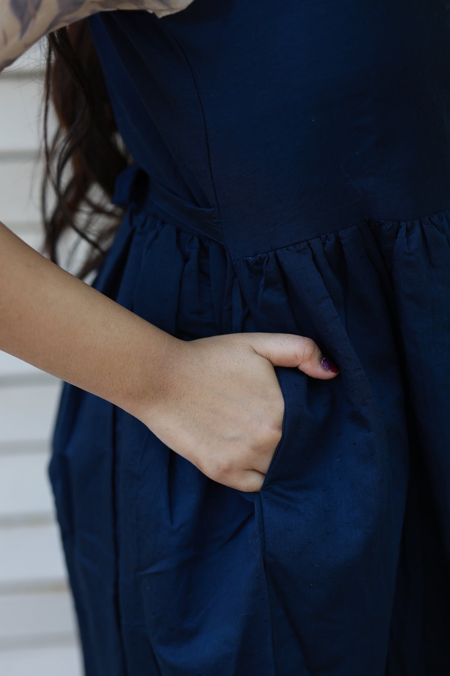 Neemai navy blue butter silk maternity dress with side pocket, lightweight breathable ethnic wear, practical daily wear