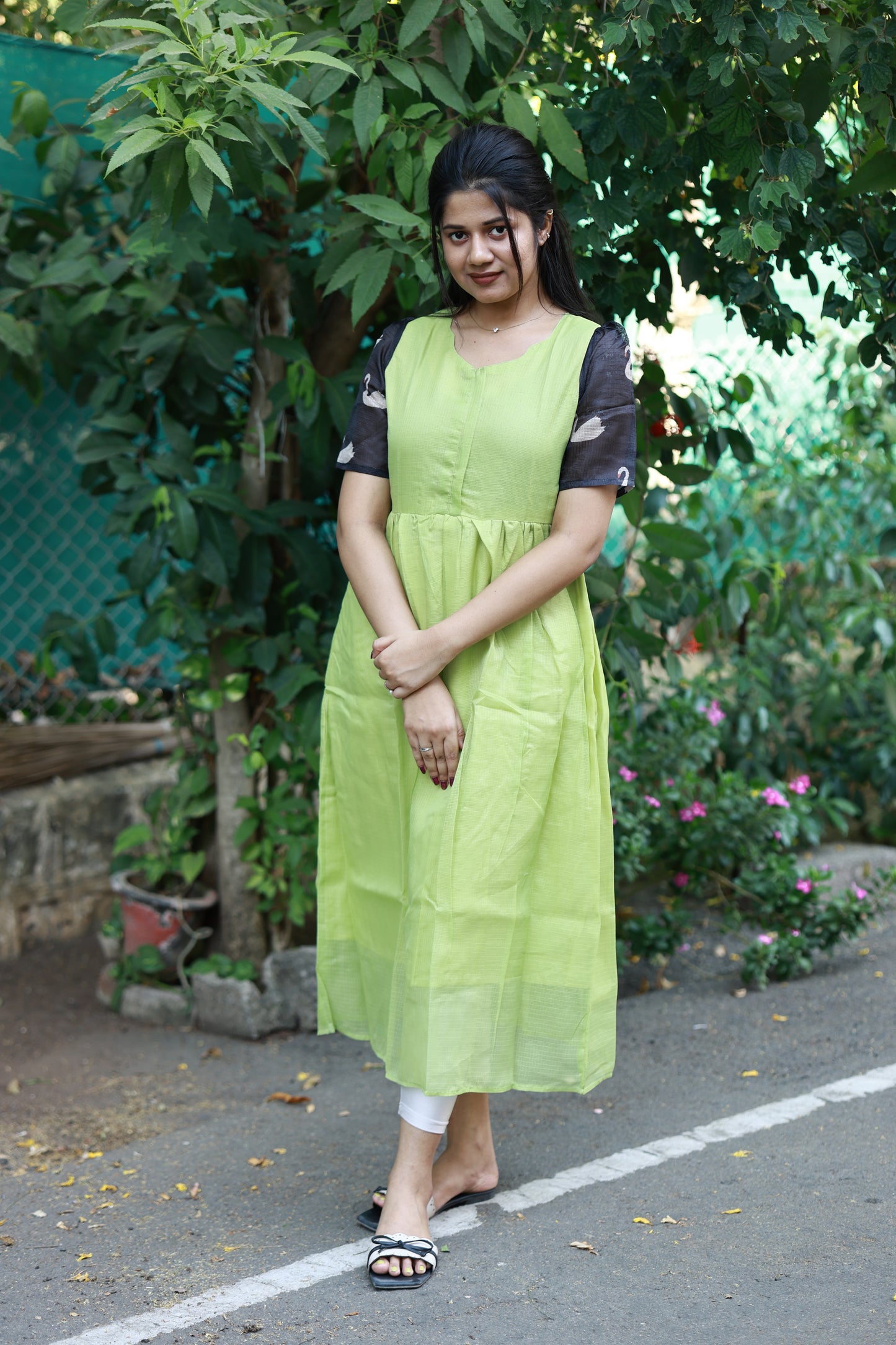 Center zip Normal / Maternity Midi/Gown- kota cotton with full lining -   Pista Green