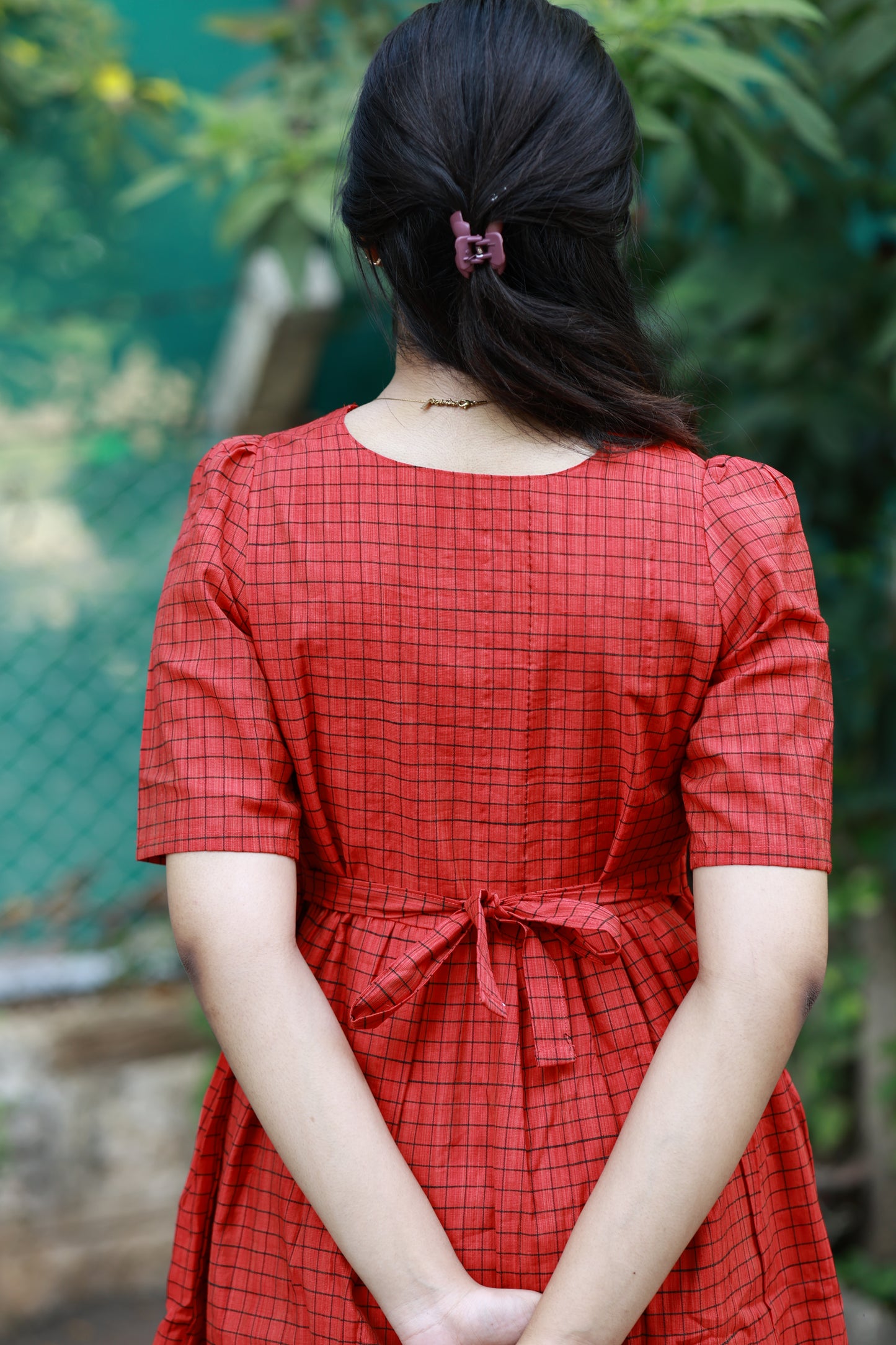Neemai red butter silk checkered maternity dress with adjustable back tie, flexible waist fit, bump-friendly pregnancy wear, plus size maternity wear 