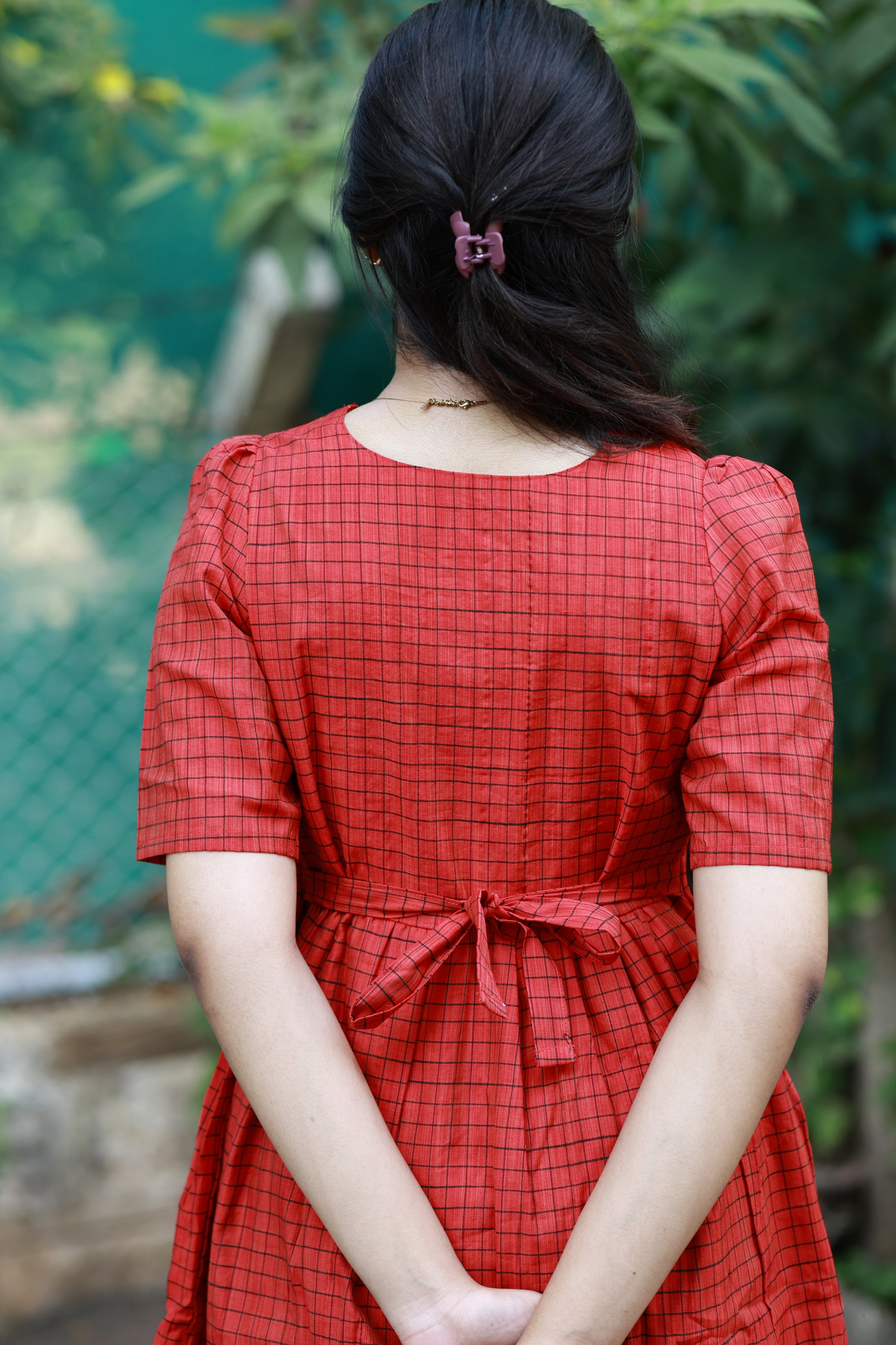 Neemai red butter silk checkered maternity dress with adjustable back tie, flexible waist fit, bump-friendly pregnancy wear, plus size maternity wear 