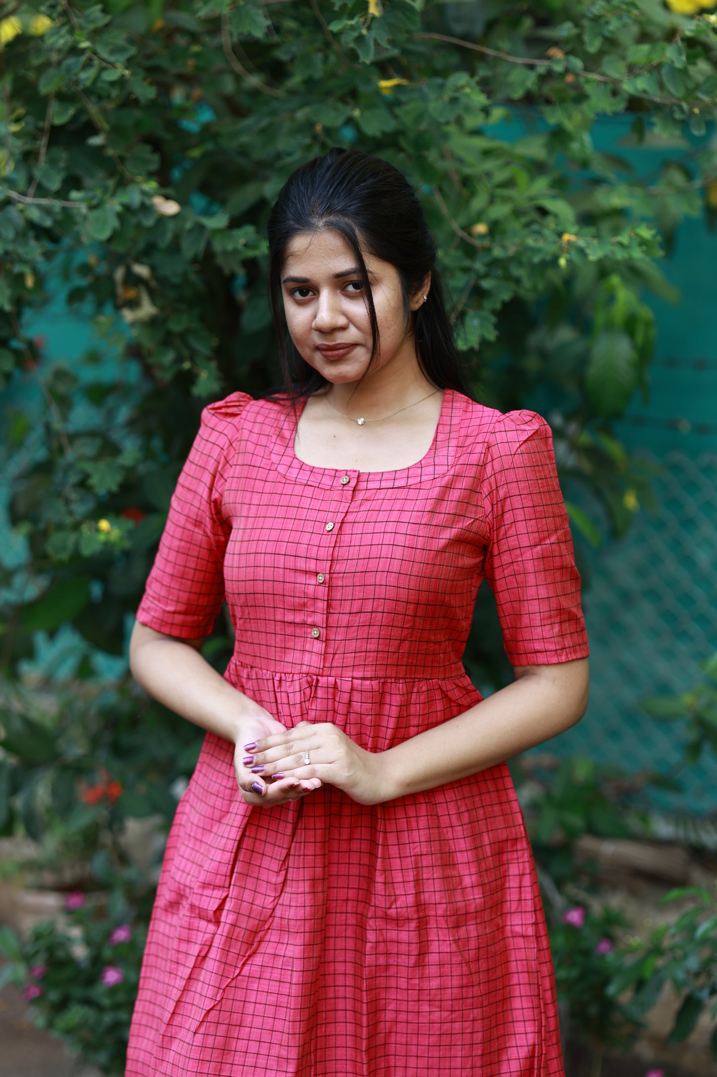 Neemai pink butter silk checkered gown for maternity and regular wear, front buttons, nursing friendly outfit, weightless traditional wear for summer 