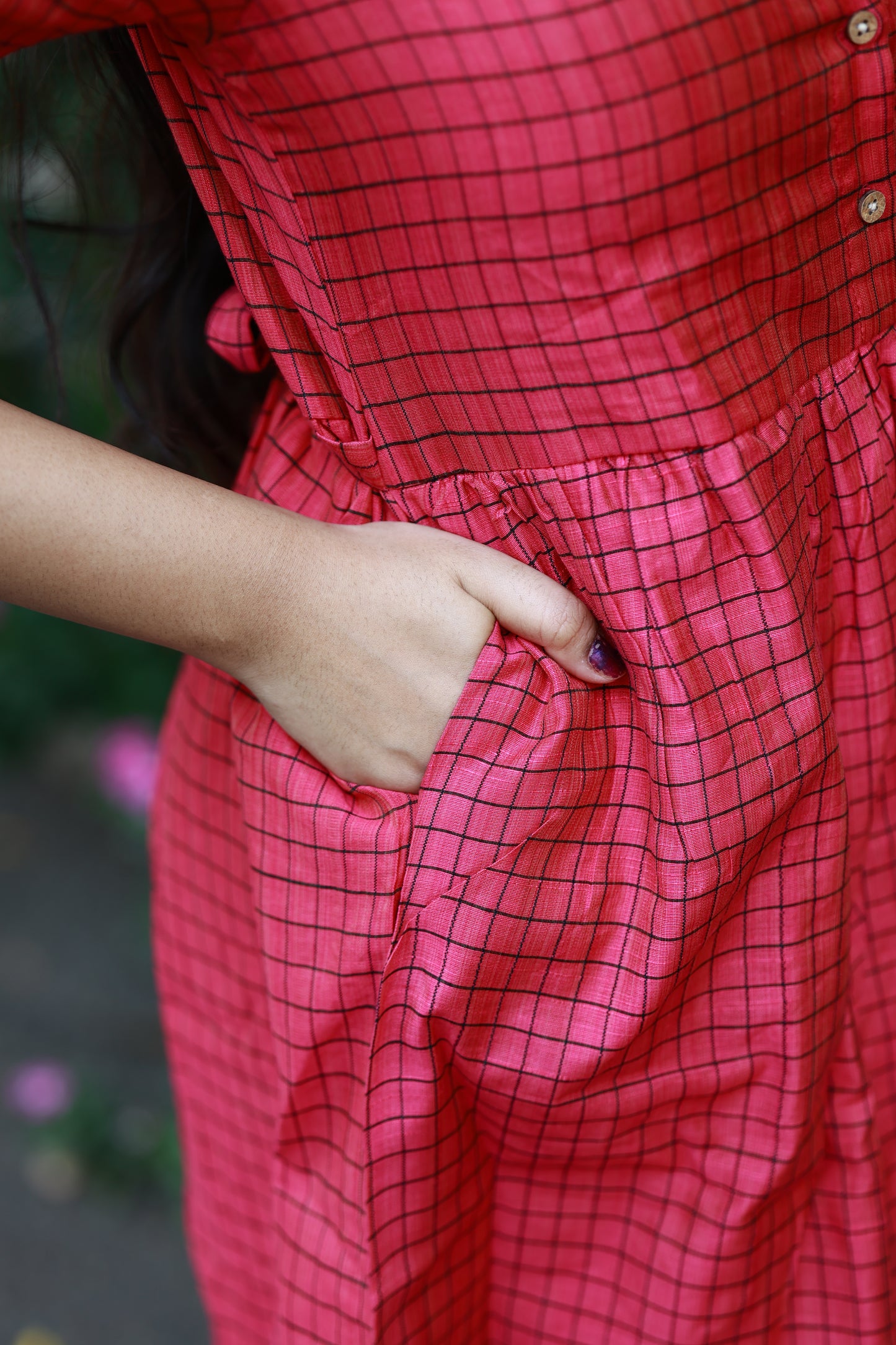 Neemai pink butter silk maternity dress with black checks and side pocket, lightweight smooth fabric, practical pregnancy wear, plus size festive collection 