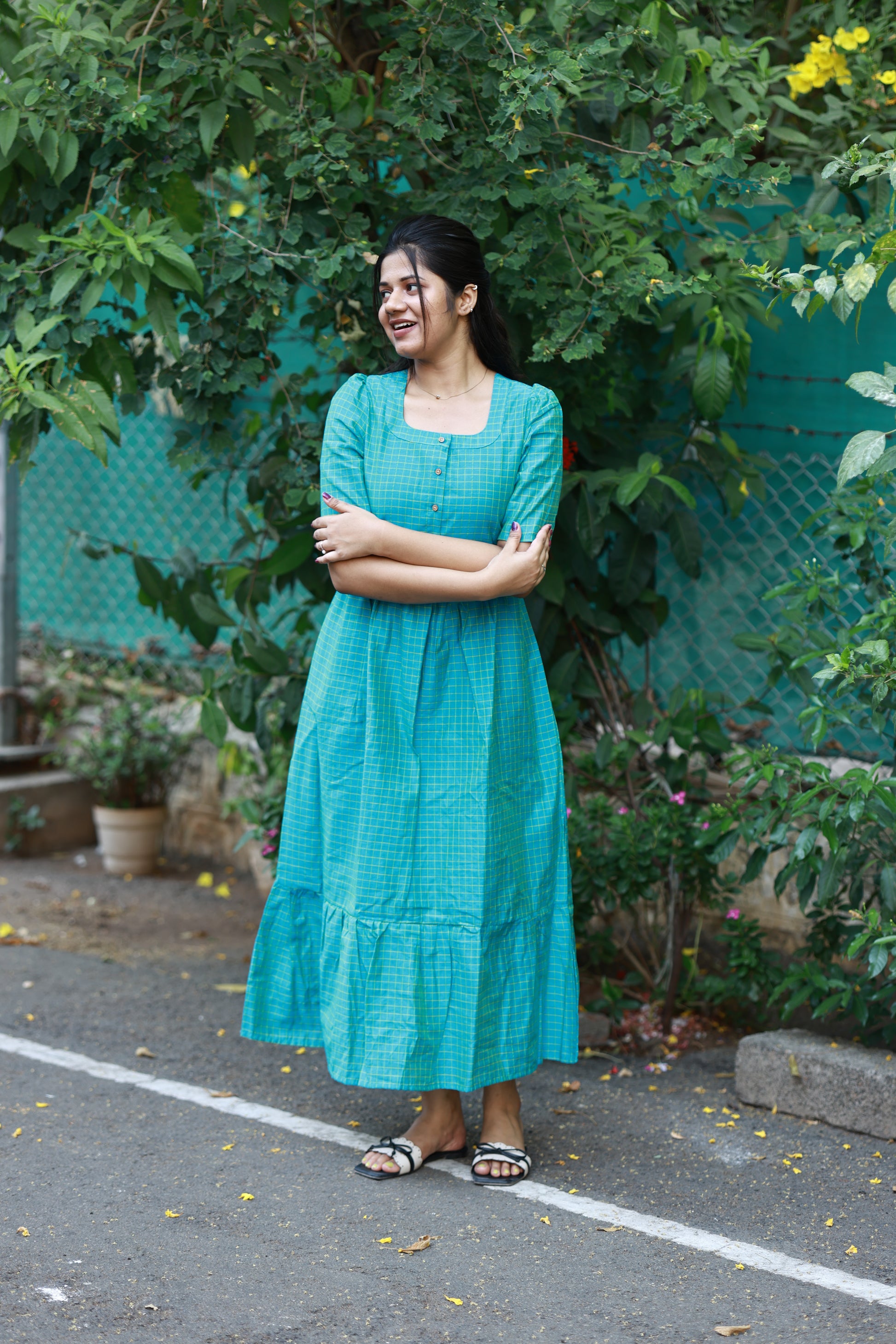 Neemai blue butter silk checkered maternity dress, bump-friendly flowy silhouette, breathable pregnancy wear, postpartum comfort outfit, soft lightweight ethnic maxi