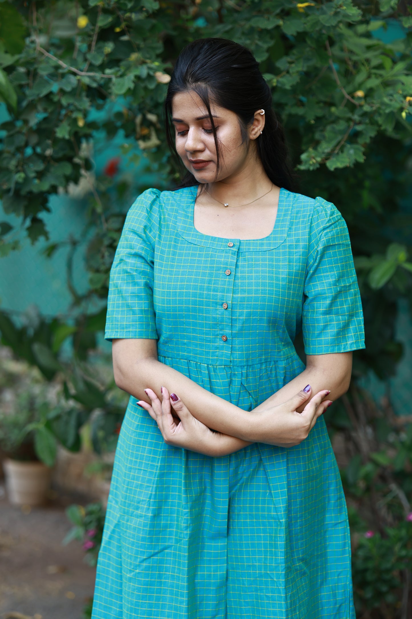 Neemai blue checkered maternity maxi dress, relaxed fit bump-friendly silhouette, stylish pregnancy and postpartum wear, Plus size casual festive ethnic outfit