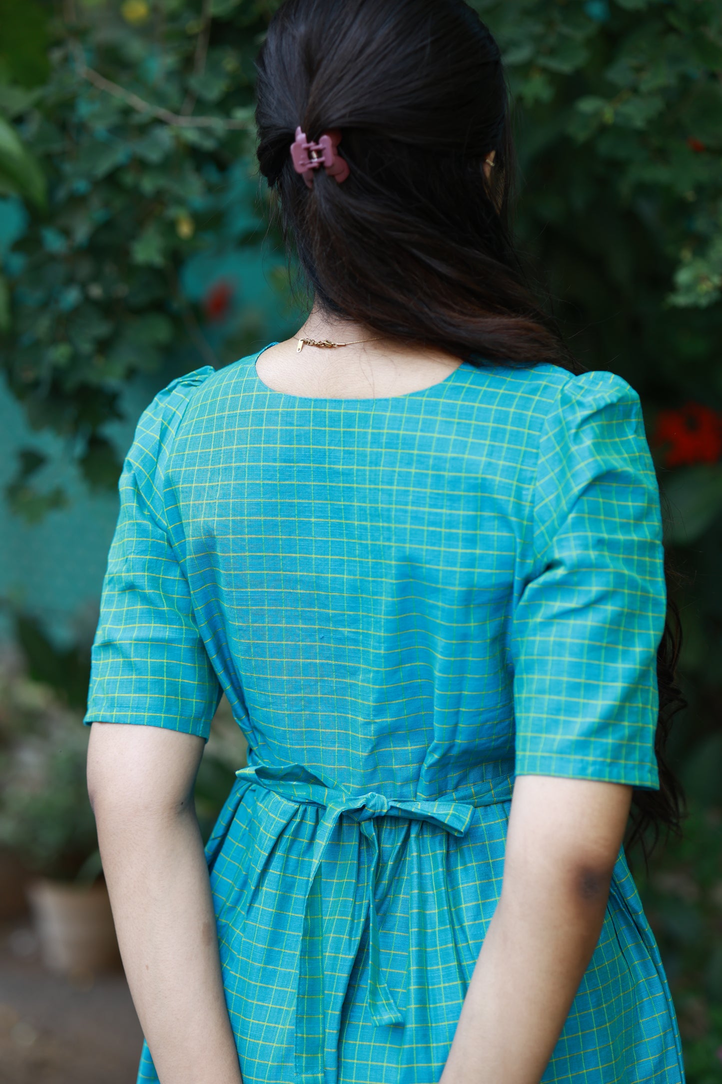 Neemai blue checkered maternity maxi dress with adjustable back tie, flexible waist fit for growing bump, postpartum friendly clothing, airy summer wear