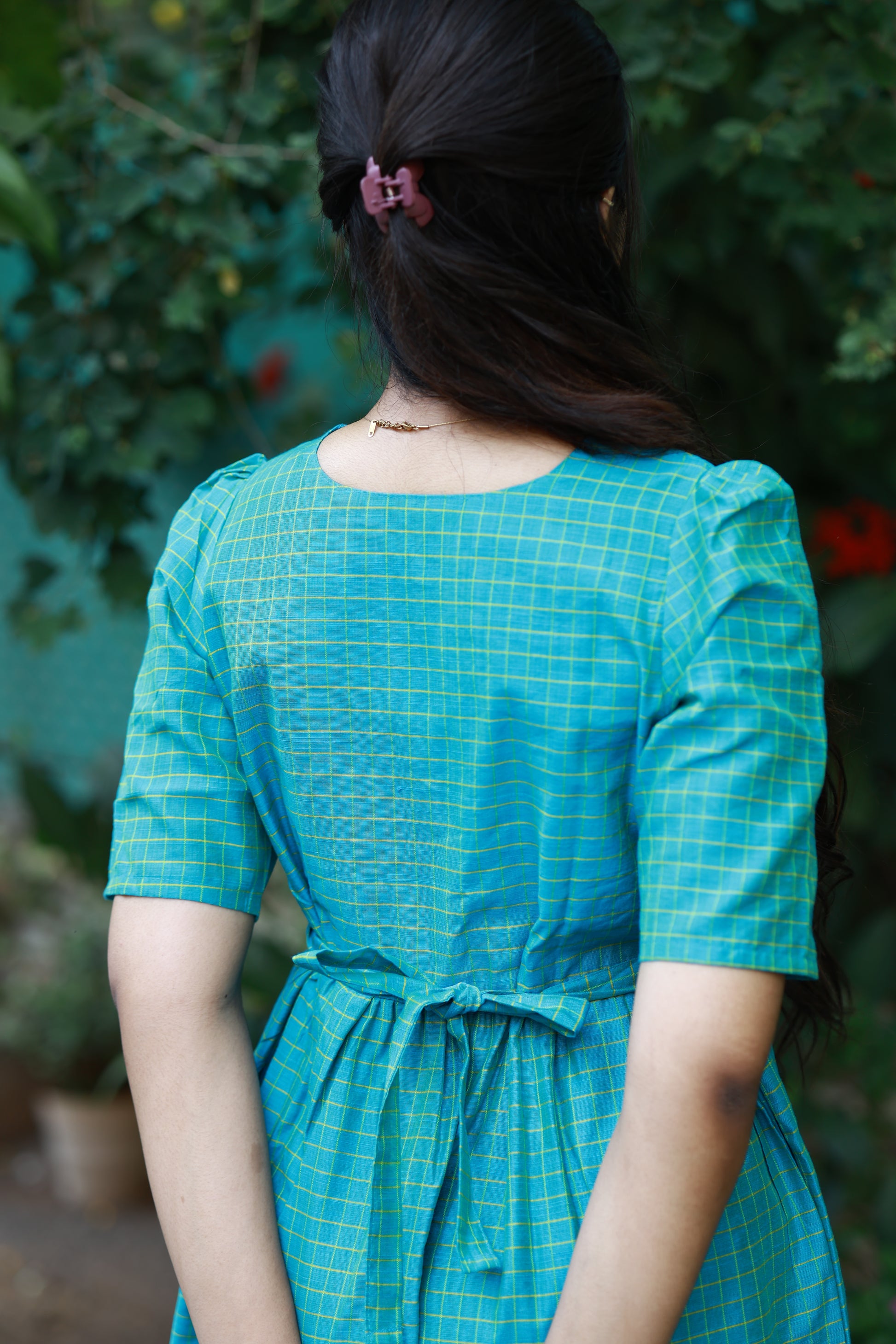 Neemai blue checkered maternity maxi dress with adjustable back tie, flexible waist fit for growing bump, postpartum friendly clothing, airy summer wear