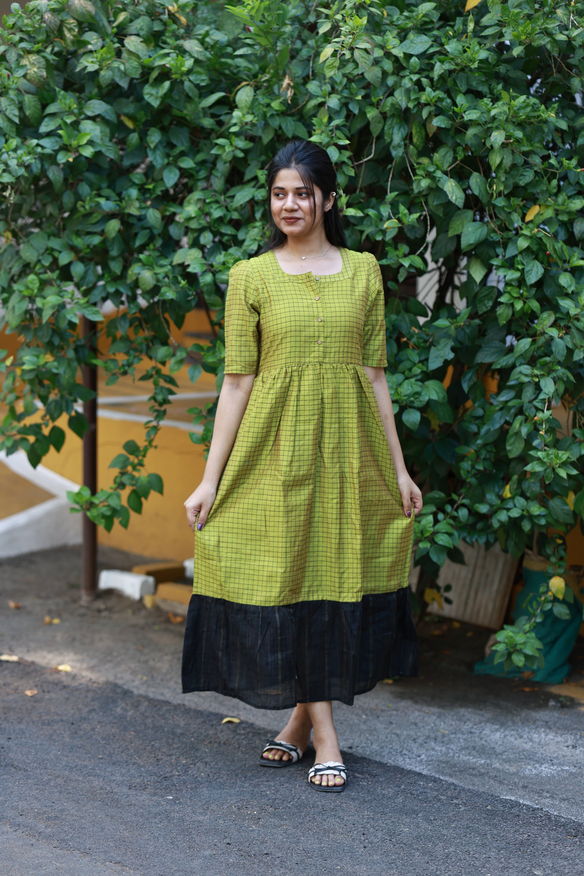 Neemai green butter silk checkered maternity maxi gown with contrast black hem, front button design, lightweight breathable summer-friendly ethnic wear, plus size traditional outfit