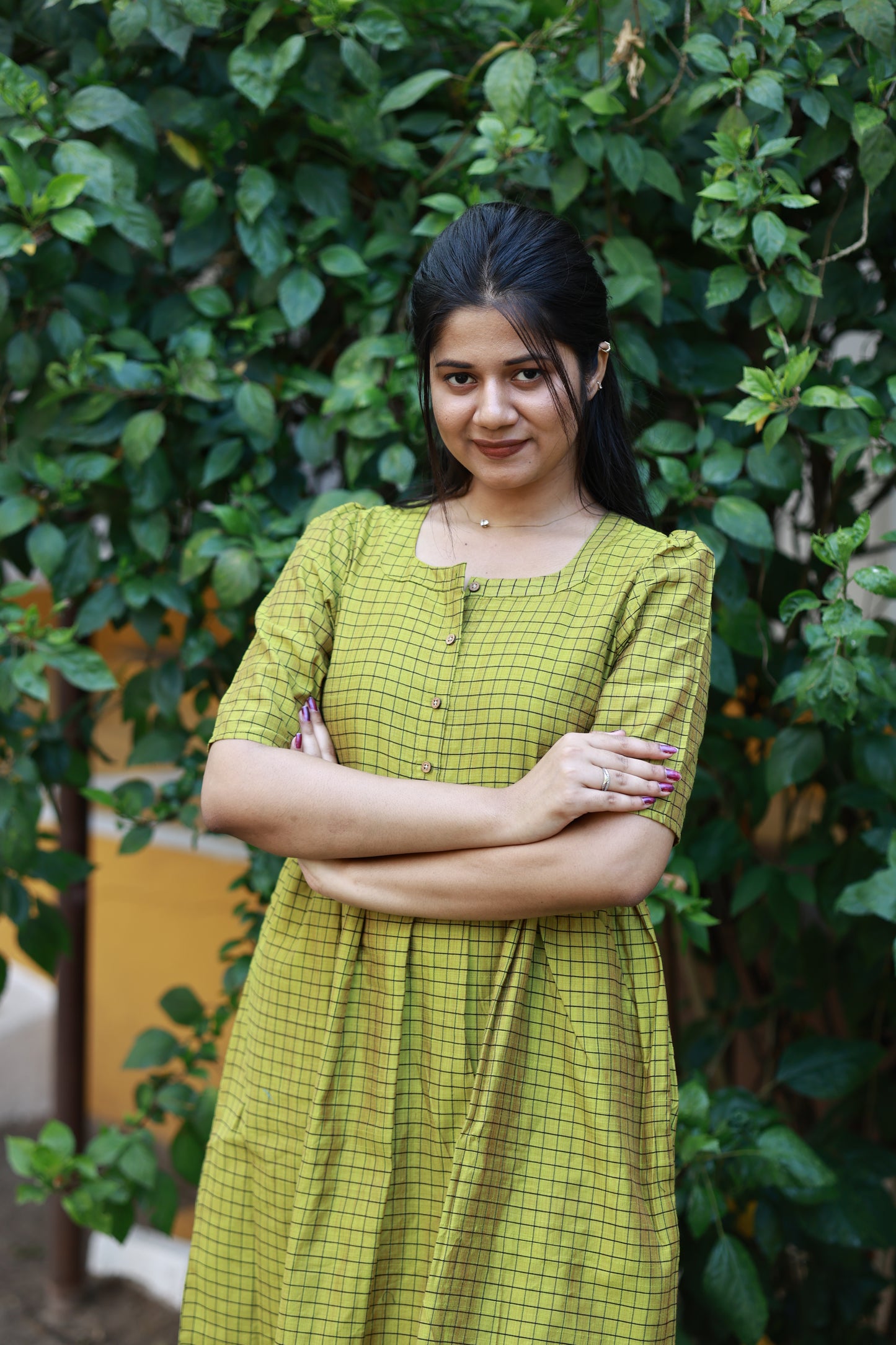 Neemai green butter silk checkered maxi gown with front buttons and flowy fit, weightless traditional wear for summer, plus size festive collection