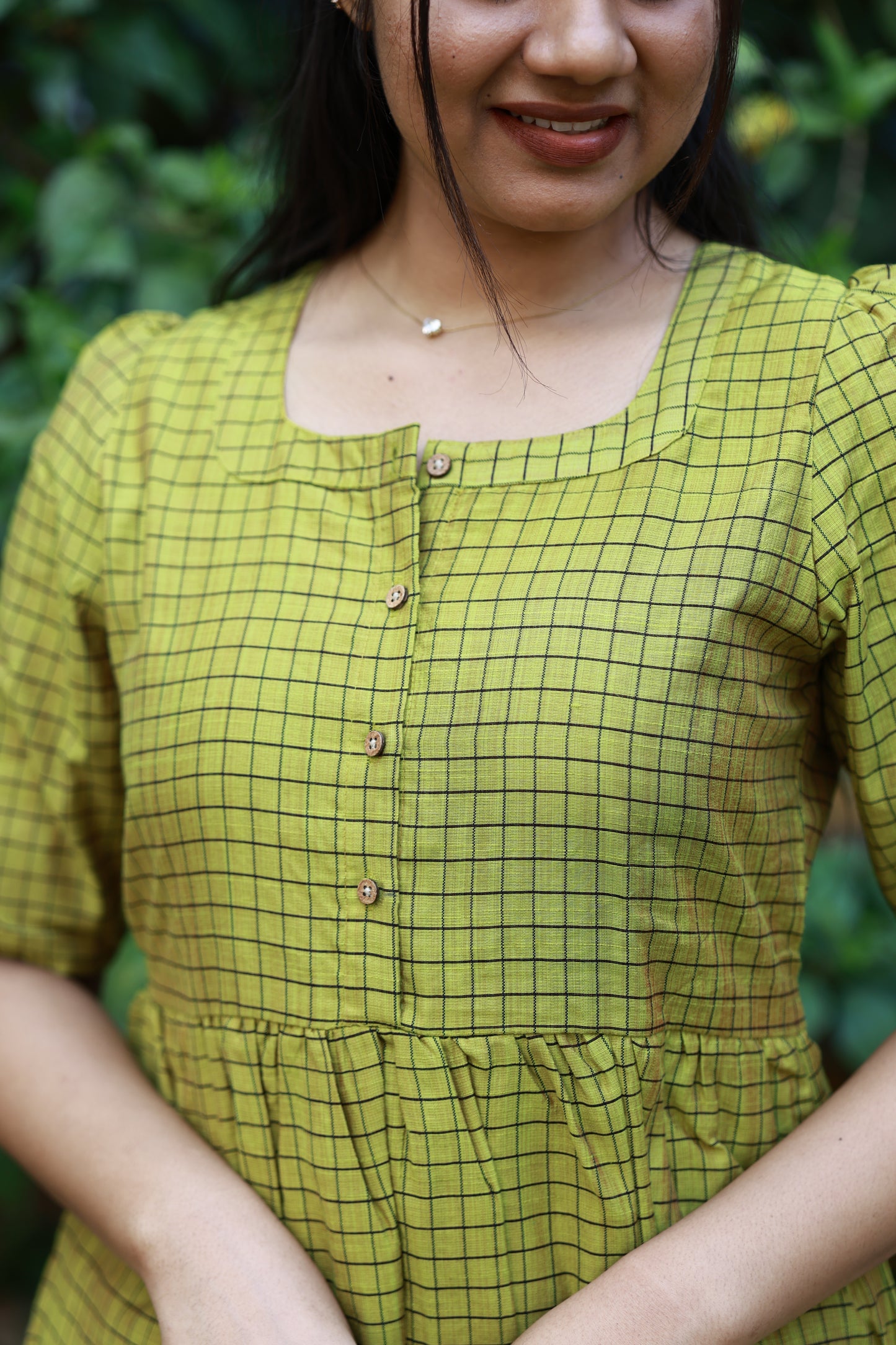 Neemai green checkered butter silk maternity dress with front button opening, feeding friendly design, lightweight breathable summer wear, plus size ethnic collection