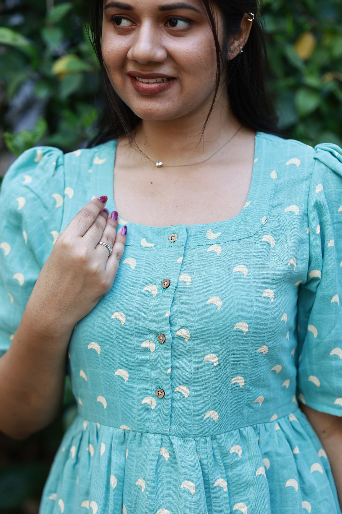 Sky blue muslin feeding dress with front button nursing access, weightless cotton material and stylish cool outfit for women 