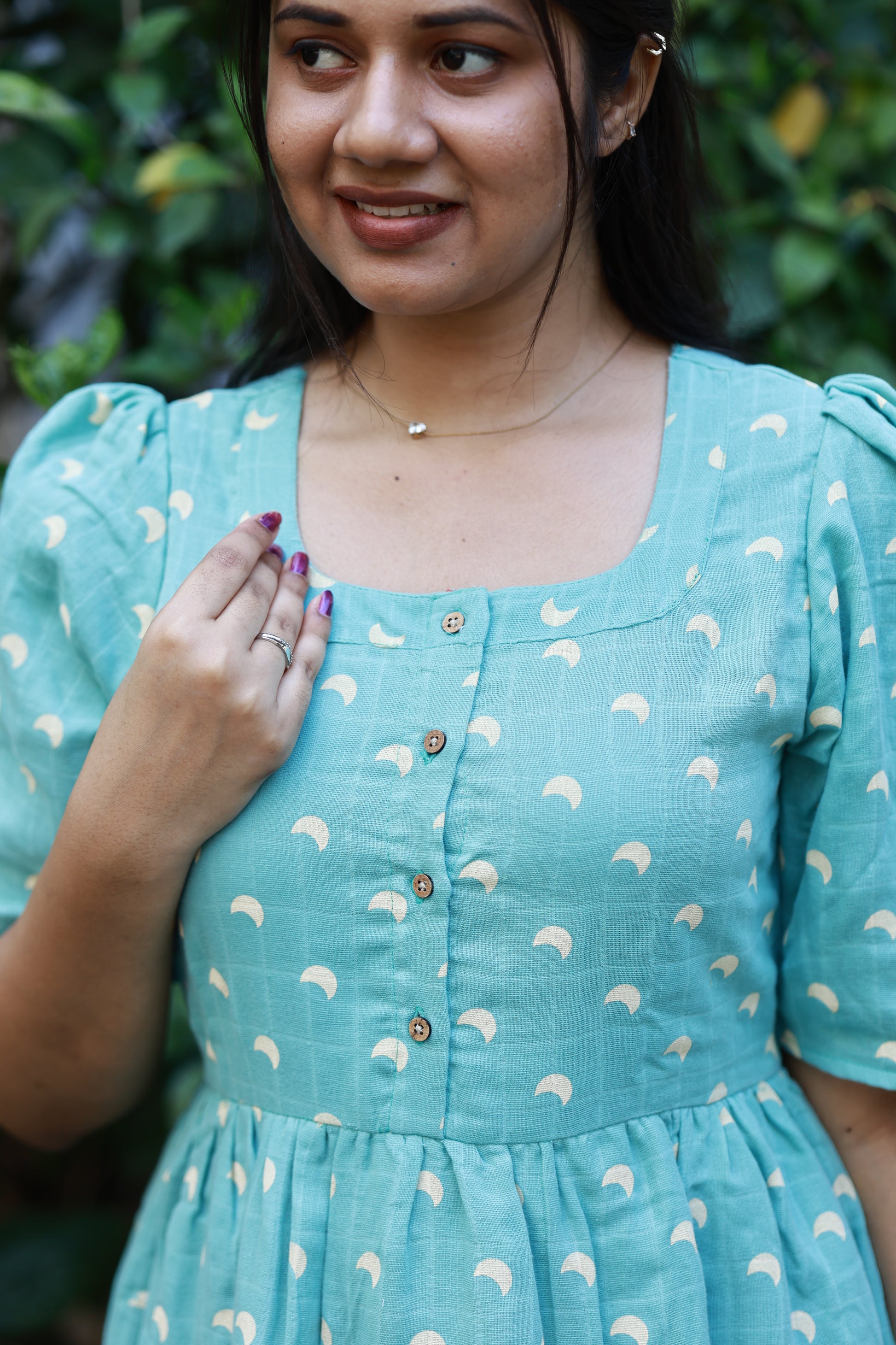Sky blue muslin feeding dress with front button nursing access, weightless cotton material and stylish cool outfit for women 