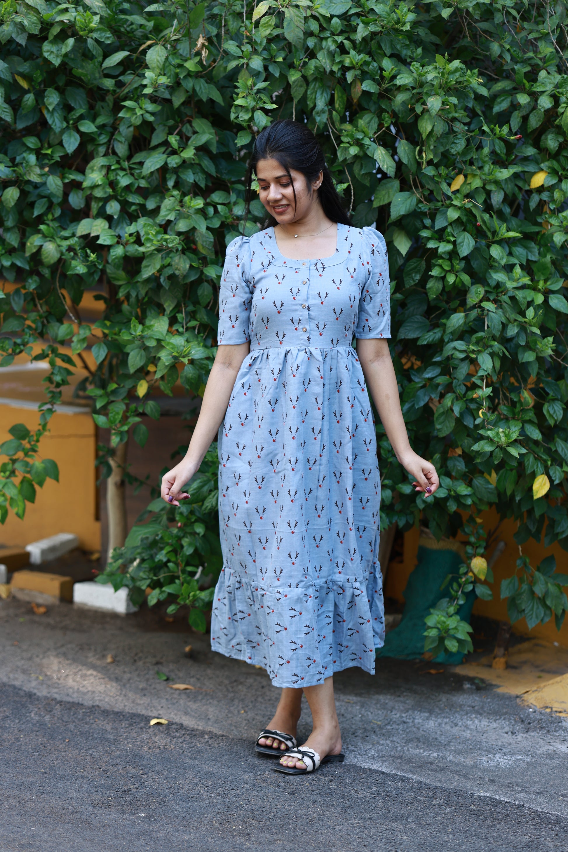 Neemai light blue printed muslin cotton maternity maxi gown with soft breathable fabric, puff sleeves and comfortable everyday fit for summer, plus size friendly..