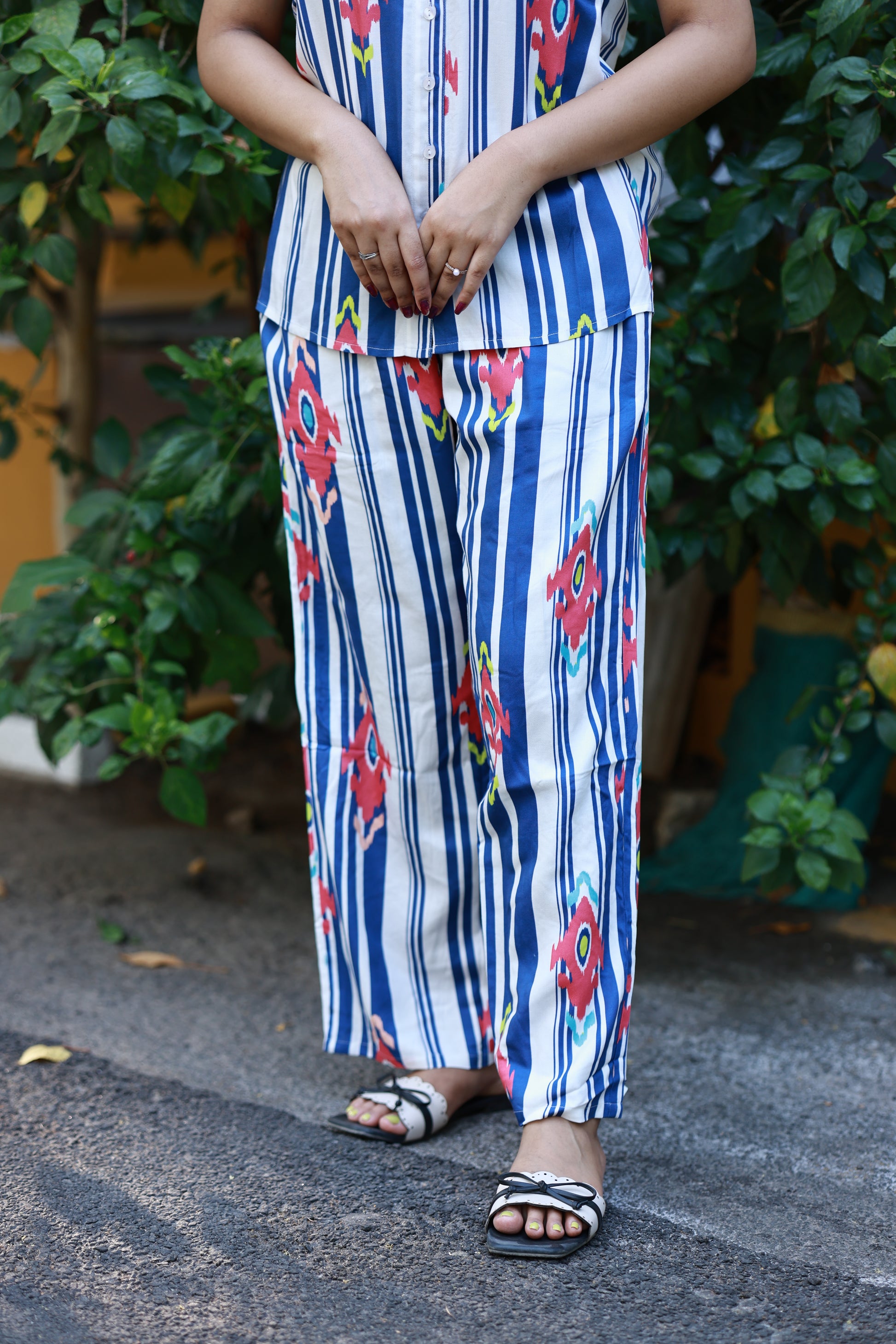 Neemai Eye-catching fusion print co-ord set with relaxed silhouette, comfy wide-leg pants and statement casual look, plus size friendly.
