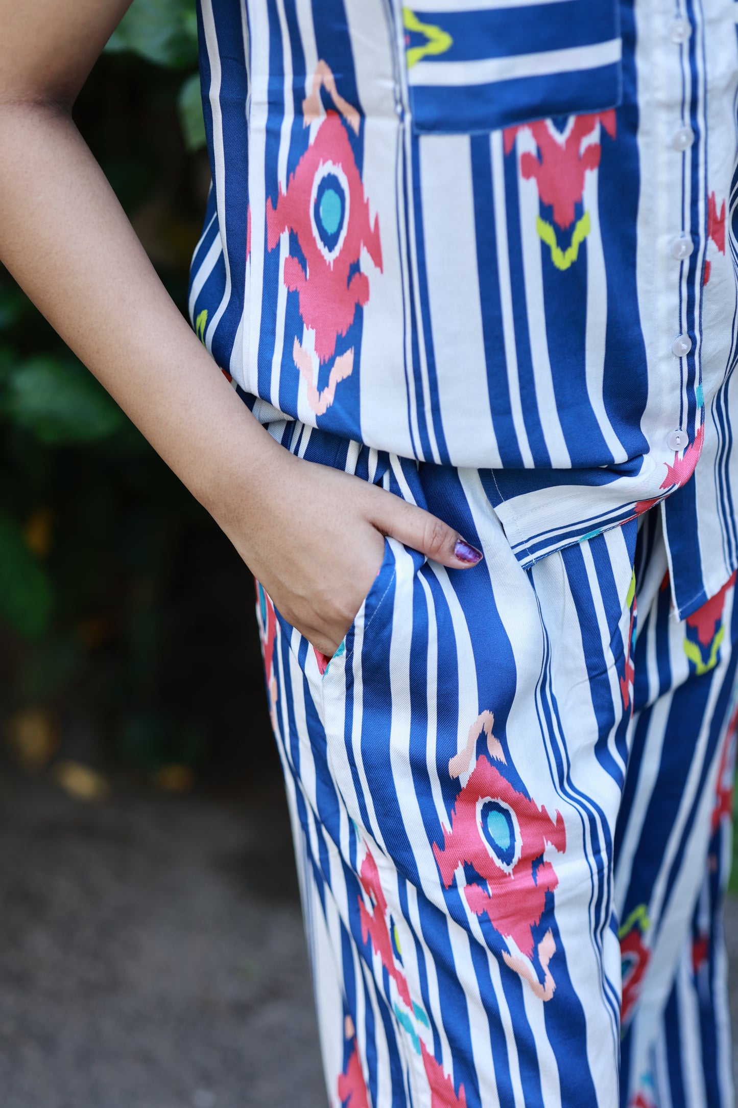 Stylish printed shirt and pant co-ord set featuring functional pockets, soft cotton fabric and easy straight-fit pants.