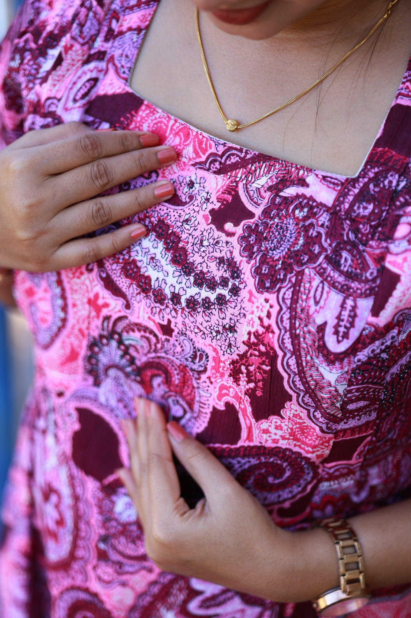 Neemai pink paisley maternity maxi dress with elegant square neckline and perfect valentine's wear