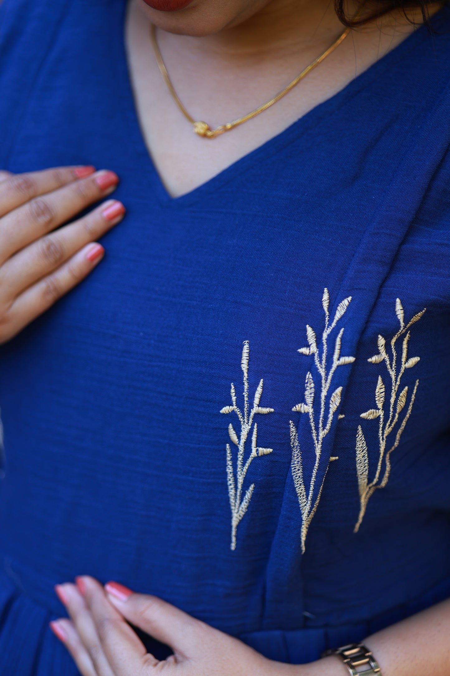 Maternity Maxi/Gown -  Blue Muslin Embroidered