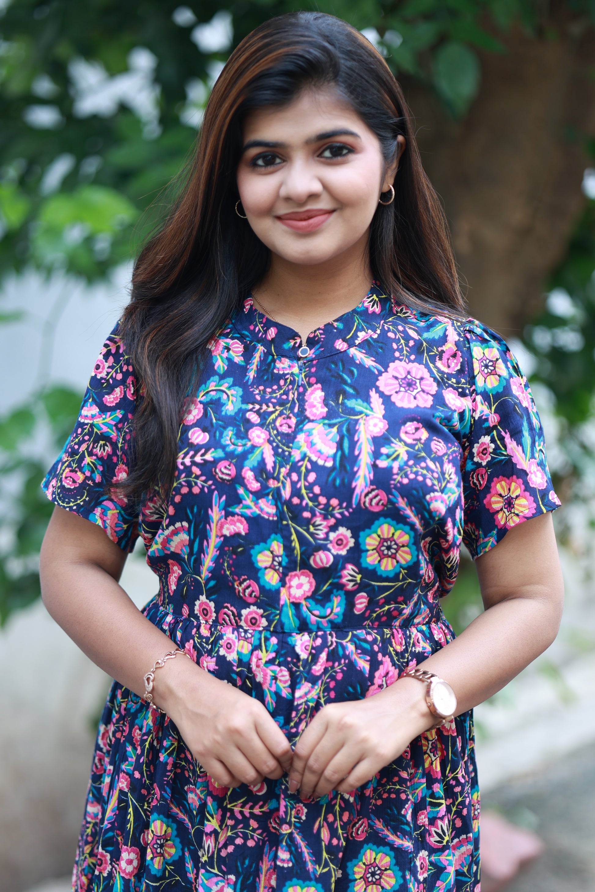 Maternity/Feeding Midi/Gown - Navy blue floral printed maternity dress with short sleeves, nursing access and side pockets for comfortable daily wear.