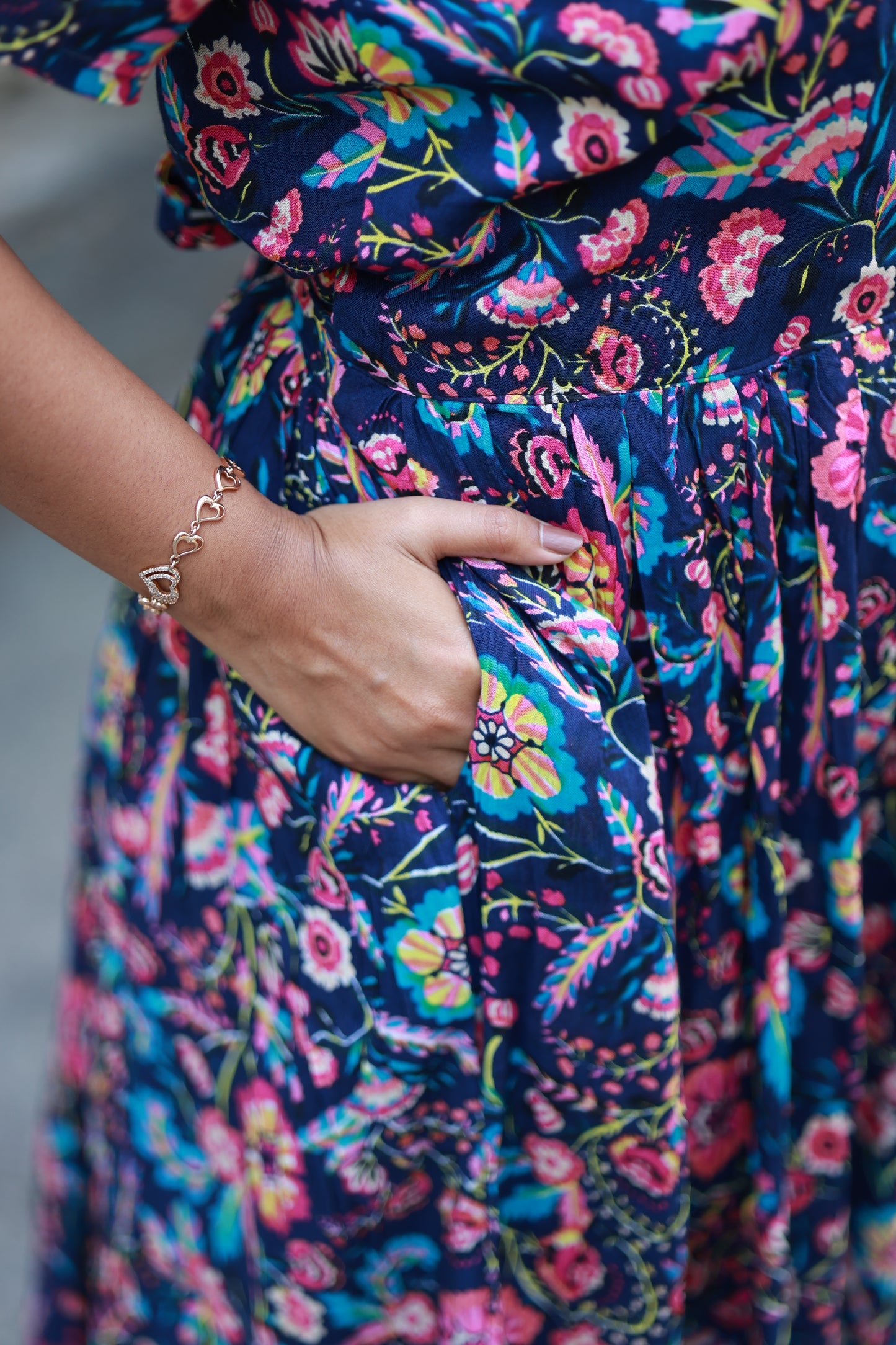 Maternity/Feeding Midi/Gown - Functional side pocket detail on Navy blue floral maternity midi dress.