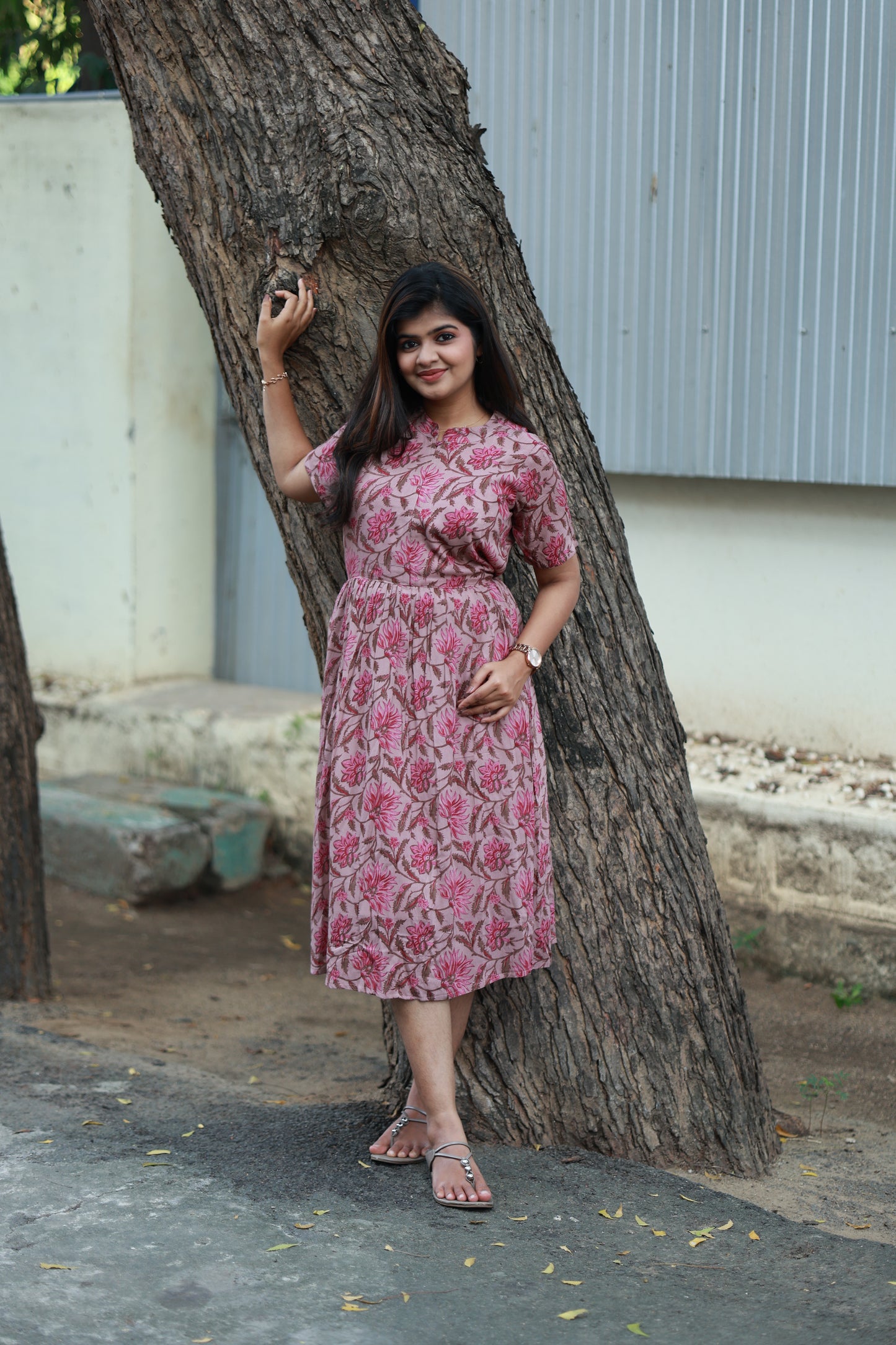 Maternity/Feeding Midi/Gown - Blush pink maternity and nursing midi dress, soft cotton fabric perfect for all weather, hidden center zip and functional pockets.