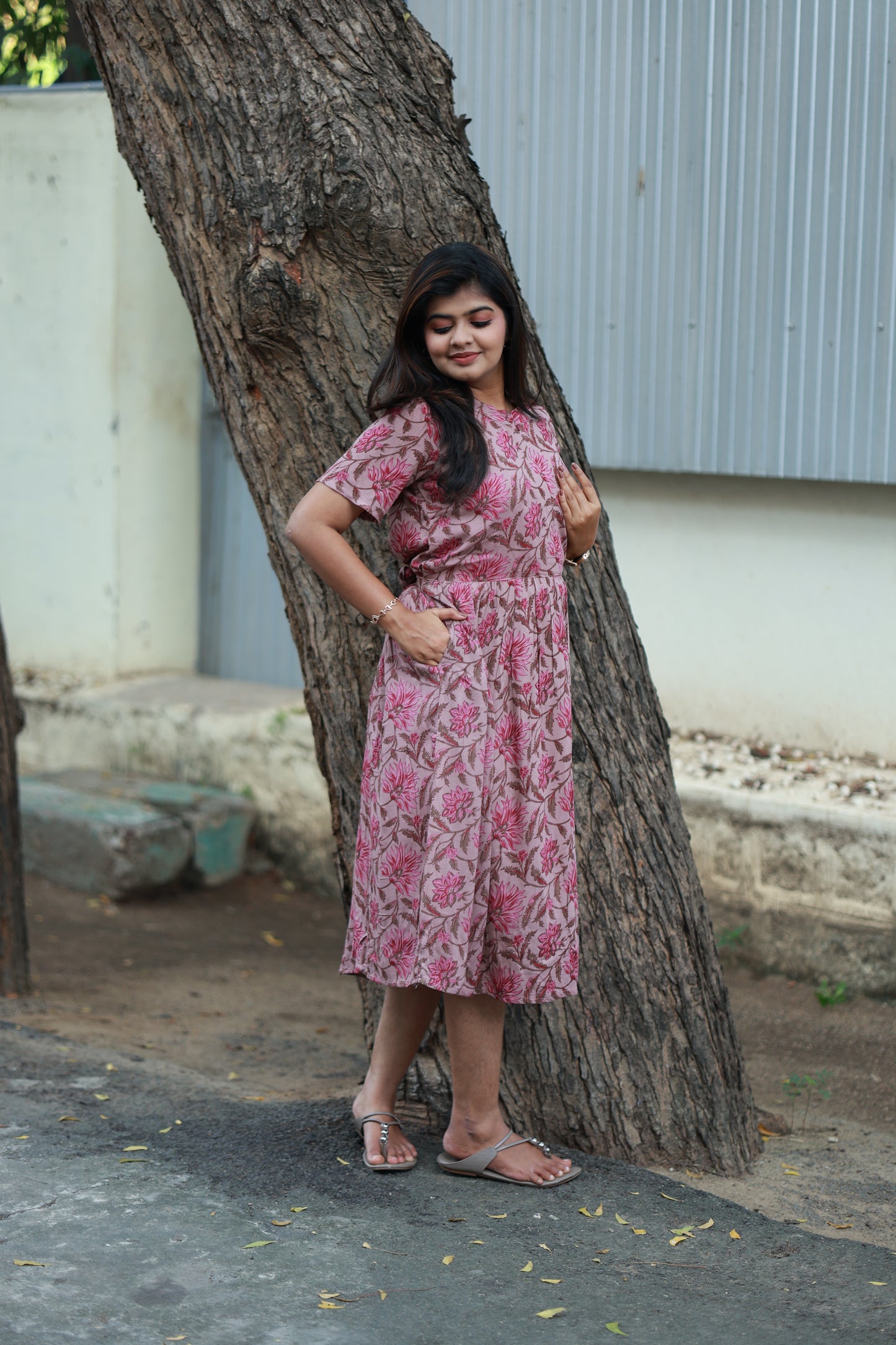 Maternity/Feeding Midi/Gown - Blush pink maternity and nursing midi dress, breathable fabric, perfect for daily and office wear.