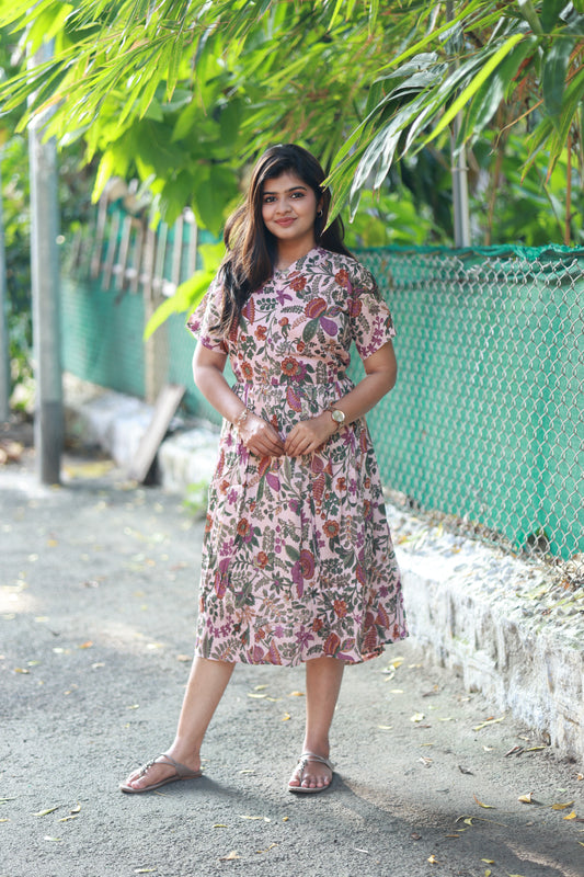 Maternity/Feeding Midi/Gown-  Floral maternity dress with round neck, This cotton dress offers a relaxed fit with a clean, timeless look.