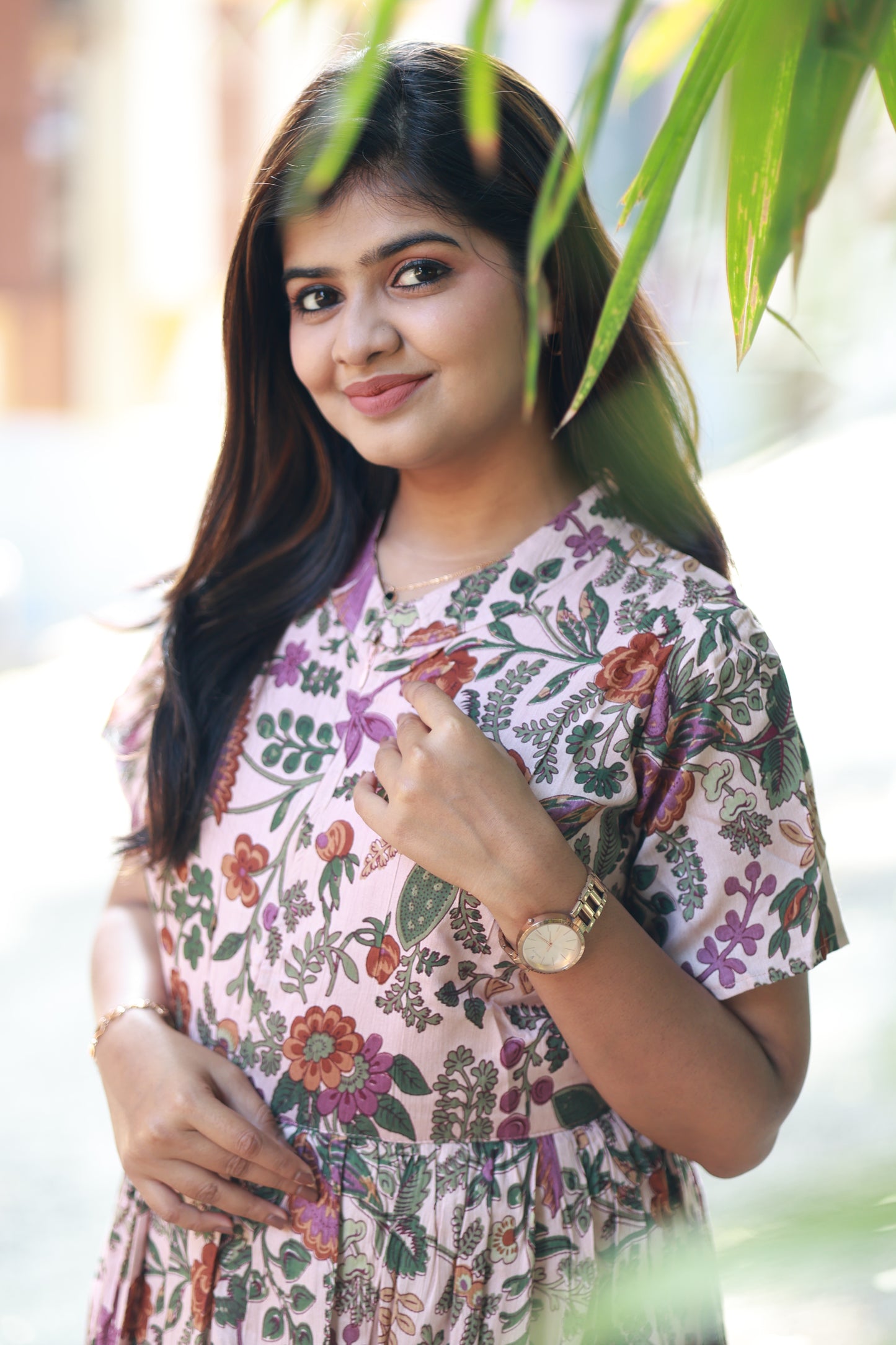 Maternity/Feeding Midi/Gown- Floral maternity dress with round neck and invisible zip for mom friendly access, soft cotton breathable wear.