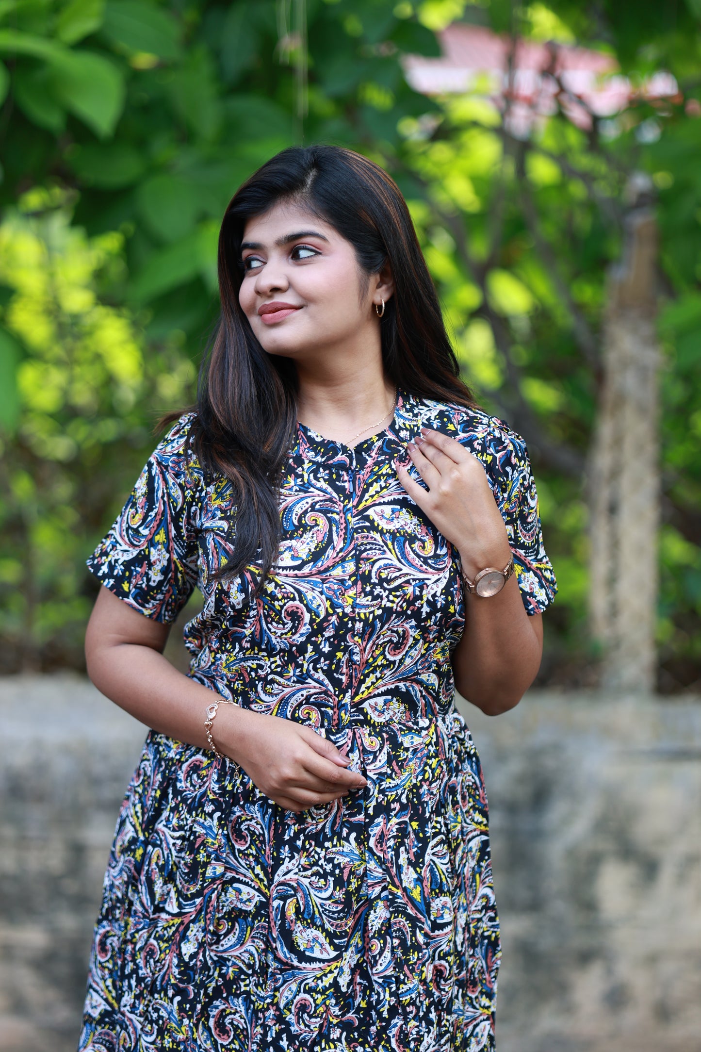 Maternity/Feeding Midi/Gown- Dark base color with multicolor paisley printed pattern dress, Soft, breathable, and easy to style for casual outings.