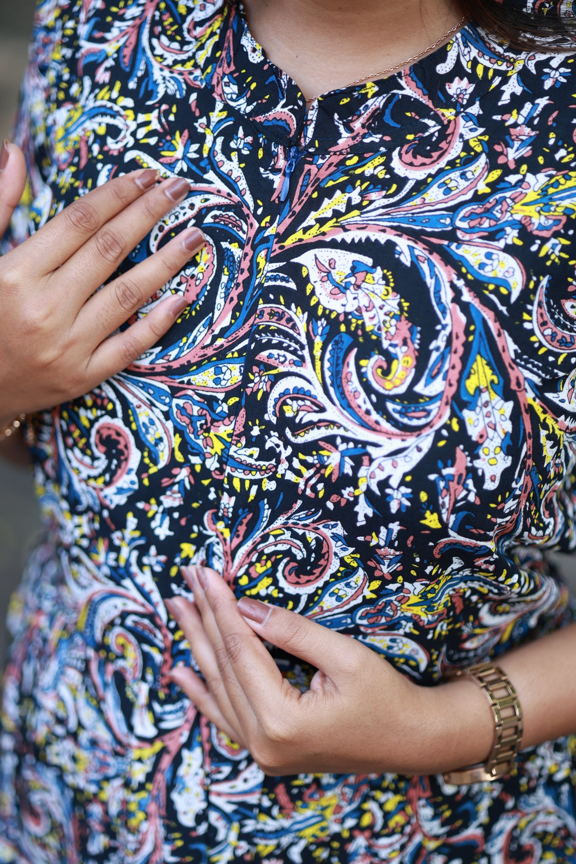 Maternity/Feeding Midi/Gown- Navy blue paisley printed maternity dress with classic round neckline, Women’s center zip casual dress and comfortable fit