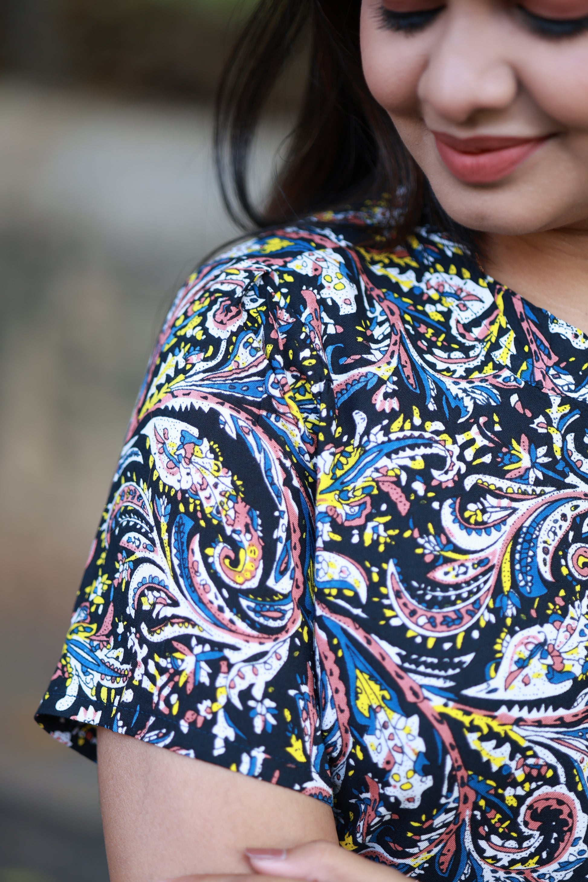 Maternity/Feeding Midi/Gown- Dark base color with multicolor paisley printed pattern dress, round neckline, fitted short sleeve dress with hidden feeding zip.