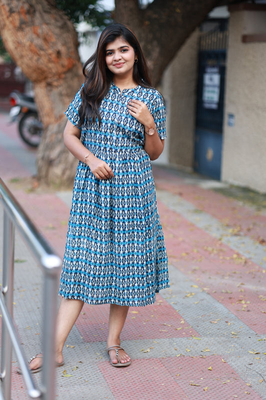 Maternity/Feeding Midi/Gown - Blue and white geometric printed elegant maternity dress, short sleeves, comfort cotton gown for daily wear
