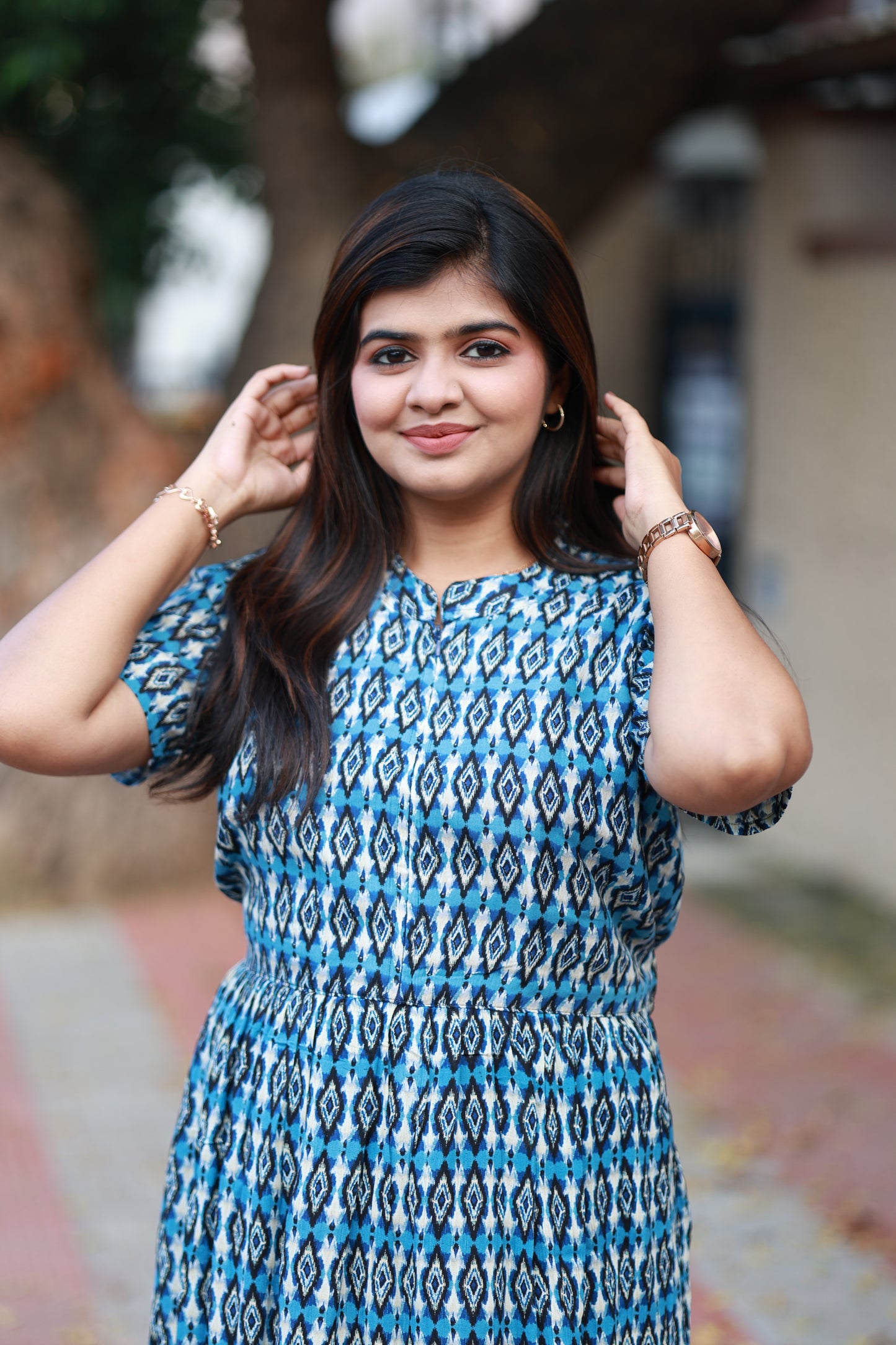 Maternity/Feeding Midi/Gown - Blue and white geometric printed feeding dress, classic round neckline, invisible zip for easy breastfeeding