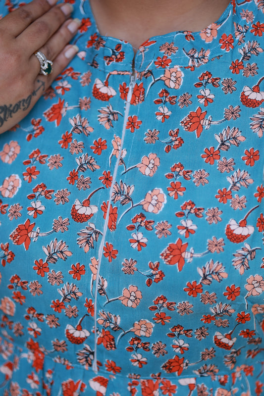 Maternity/Feeding Midi/Gown - Blue with floral design, A soft, breathable nursing dress featuring a discreet center zip for quick and easy breastfeeding access.