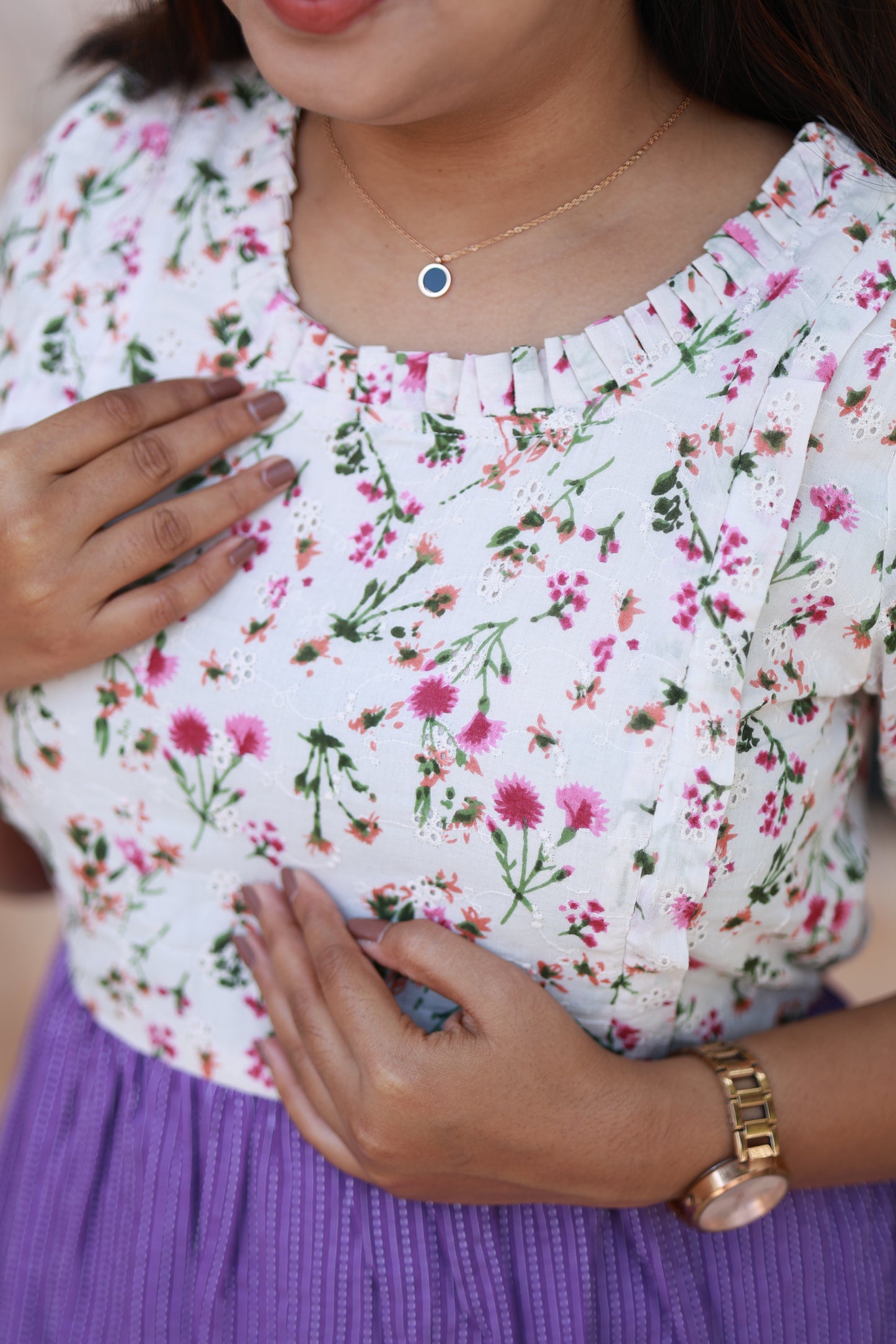 Maternity/Feeding Midi/Gown - White and purple , Double zip breastfeeding dress, Hidden zippers for a neat look