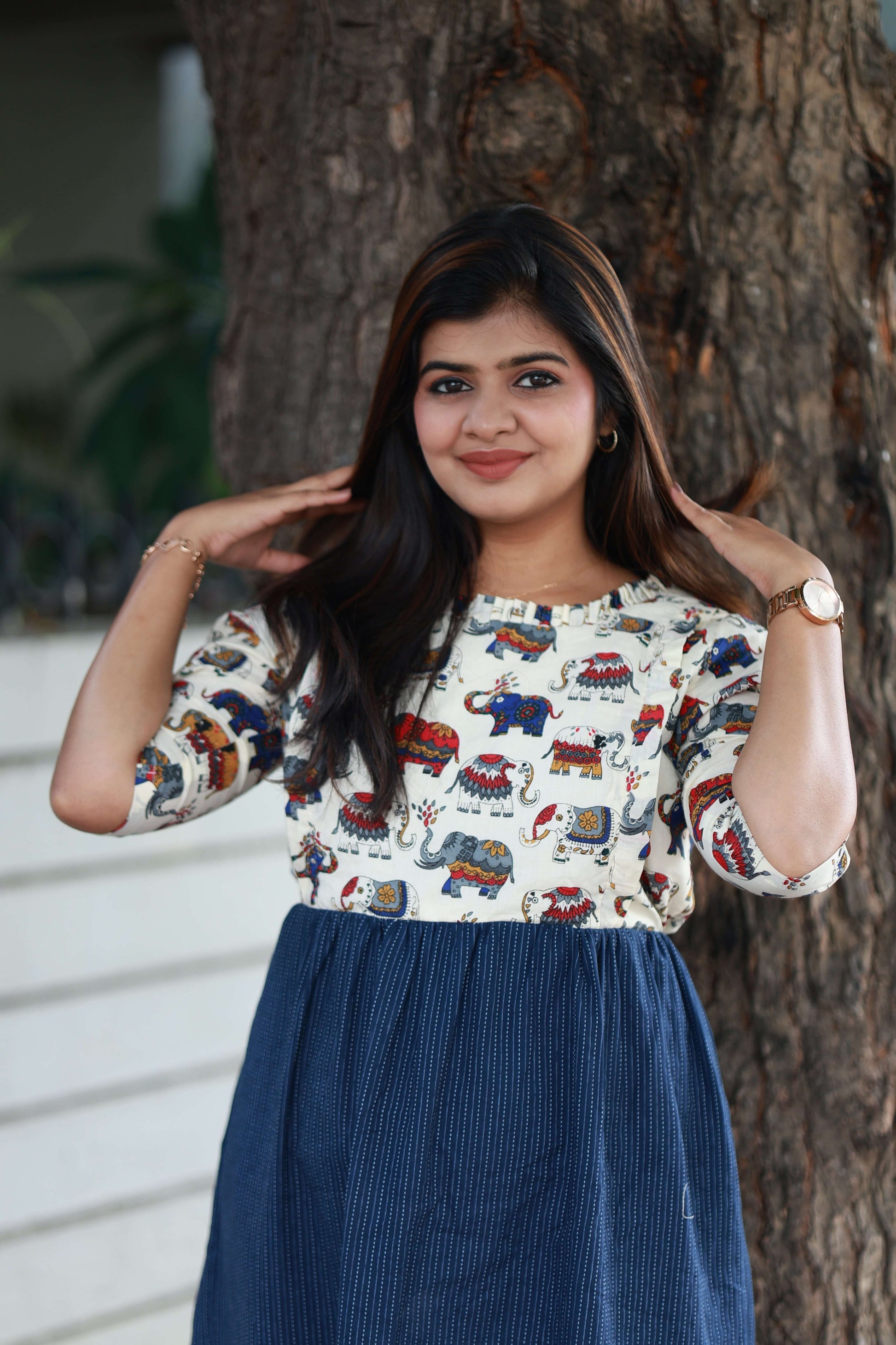 Maternity/Feeding Midi/Gown - White ,Ink blue with elephant design, Comfortable breastfeeding dress with double side zippers